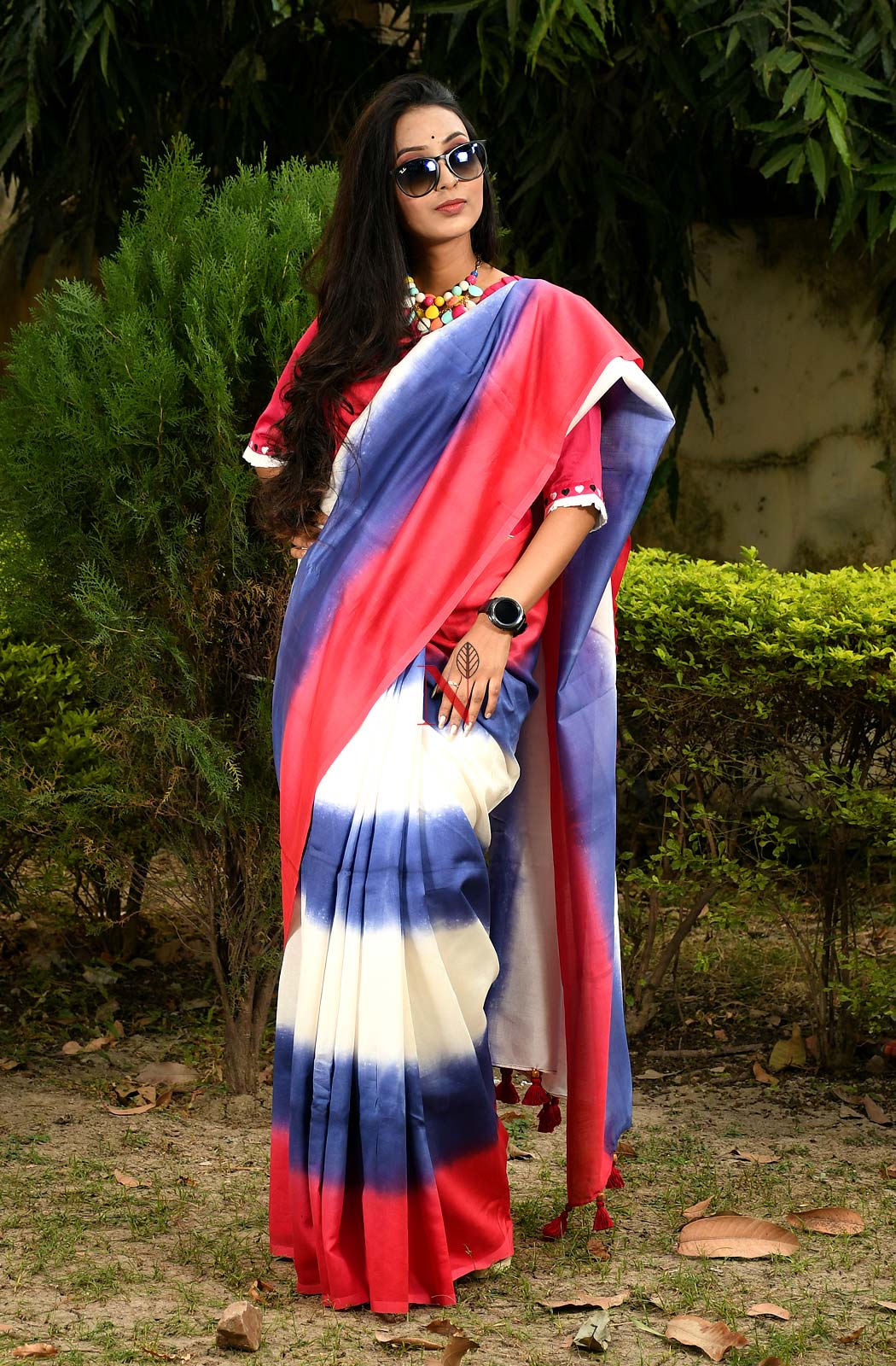 Violet, White & Red Pure Silk Chanderi Saree - Shibori - Naksheband