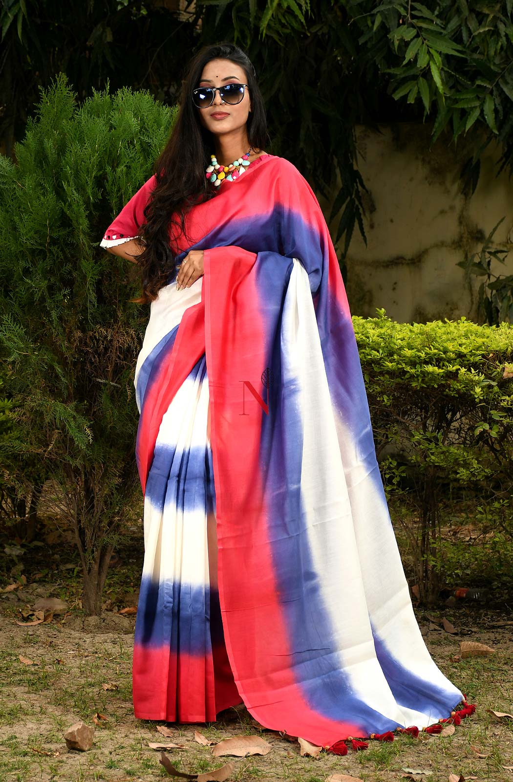 Violet, White & Red Pure Silk Chanderi Saree - Shibori - Naksheband