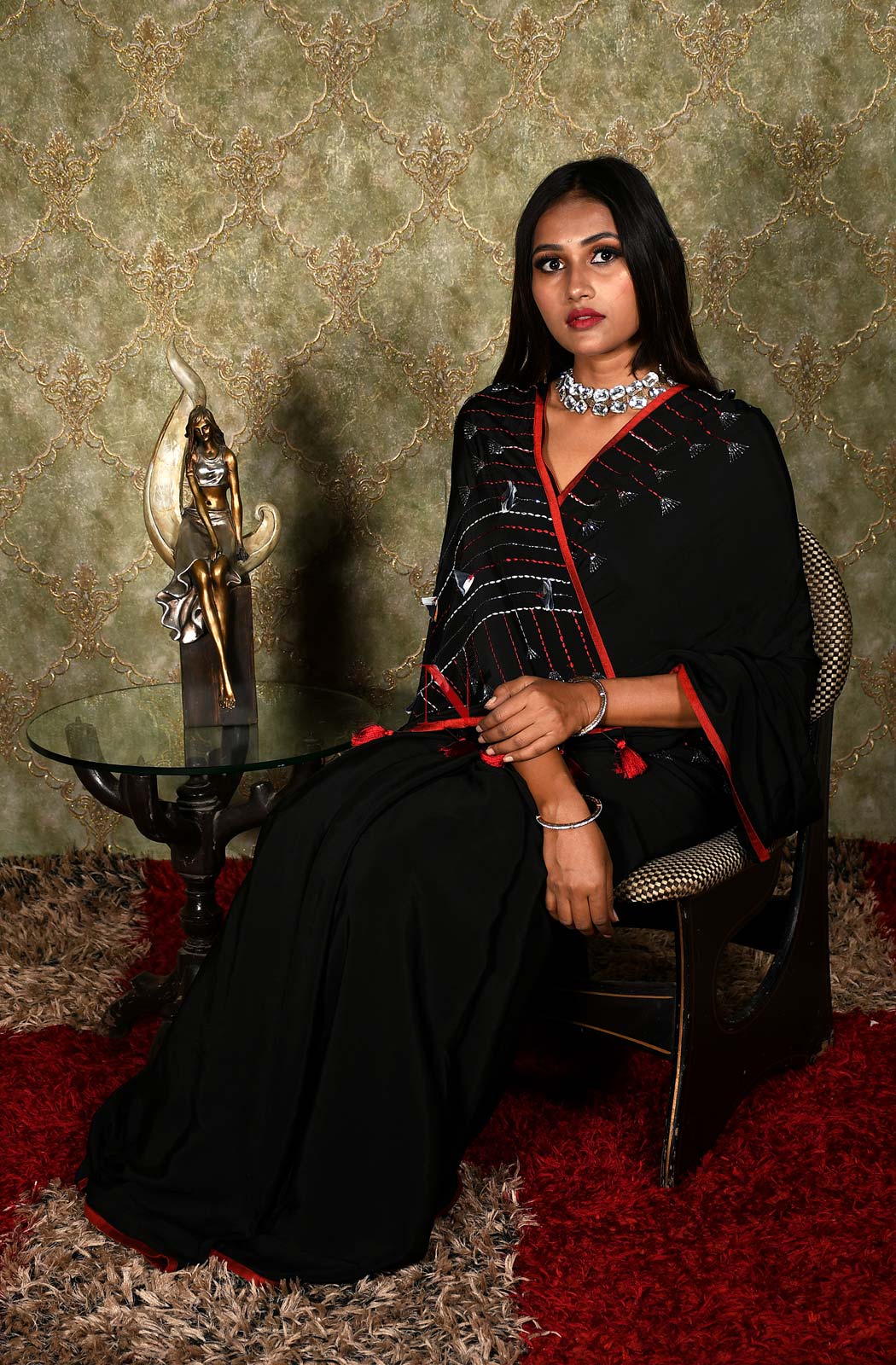 Black Designer Pure Crepe Saree - Black Beast - Naksheband