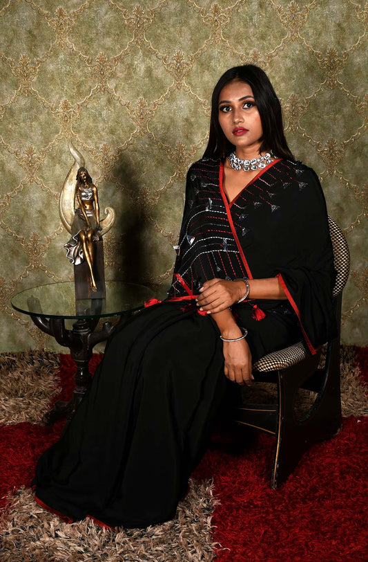 Black Designer Pure Crepe Saree - Black Beast - Naksheband