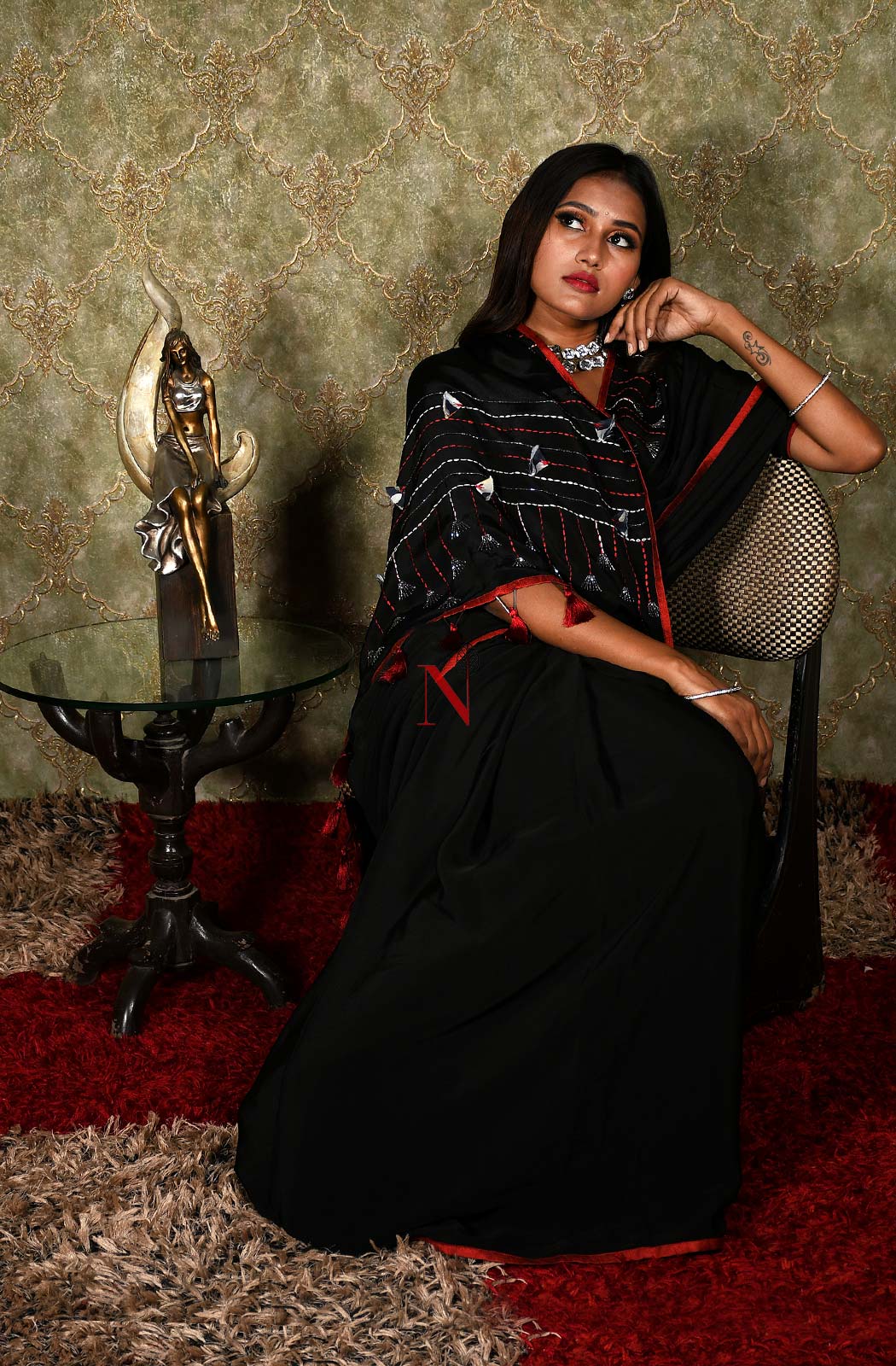 Black Designer Pure Crepe Saree - Black Beast - Naksheband