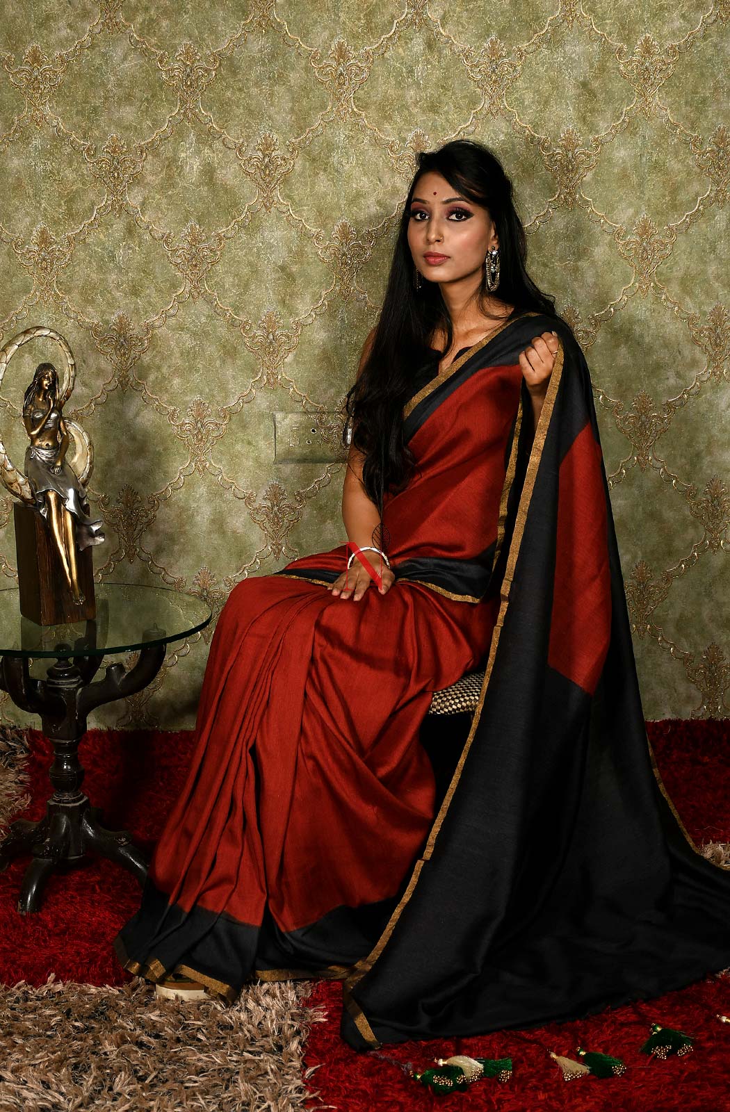 Rust & Black Pure Muga Saree - Naksheband