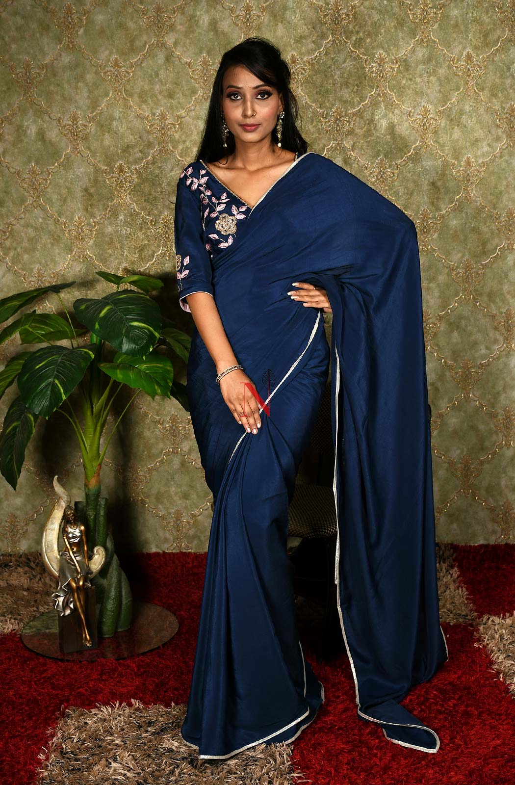 Navy Blue Designer Pure Crepe Saree - Naksheband