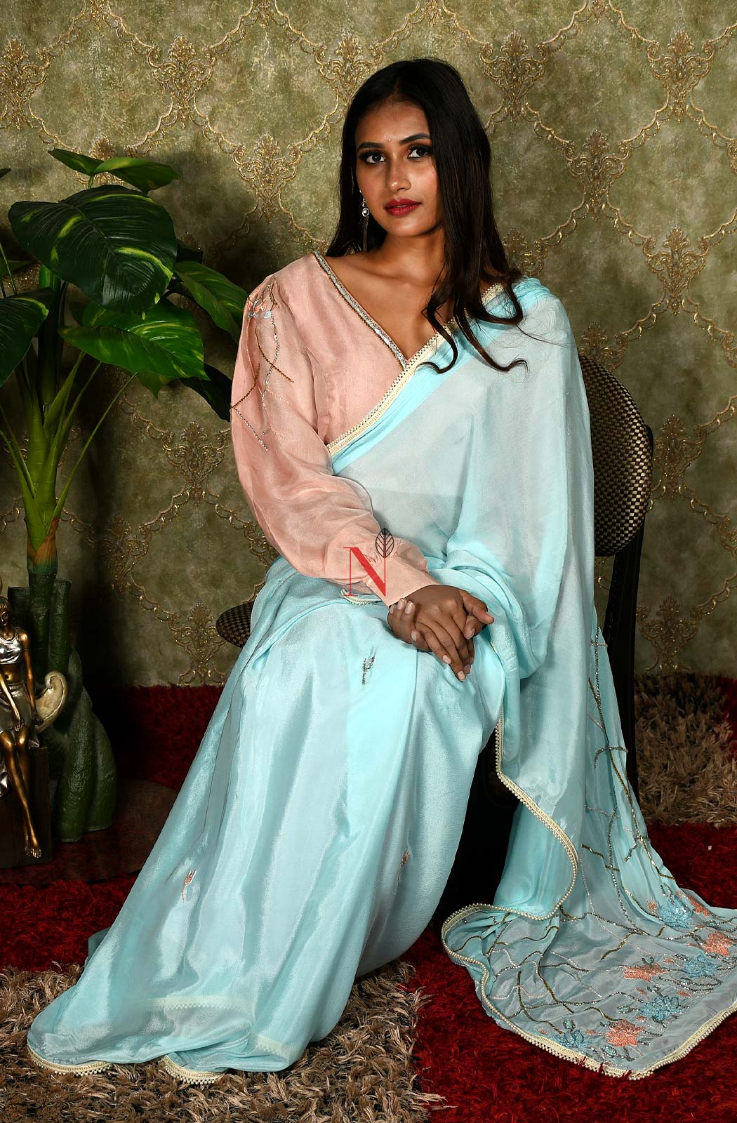 Sky Blue Designer Pure Chiffon Saree - Naksheband