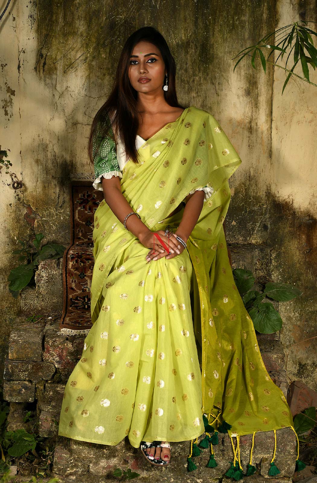 Light Green & Olive Pure Silk Chanderi Saree - Naksheband