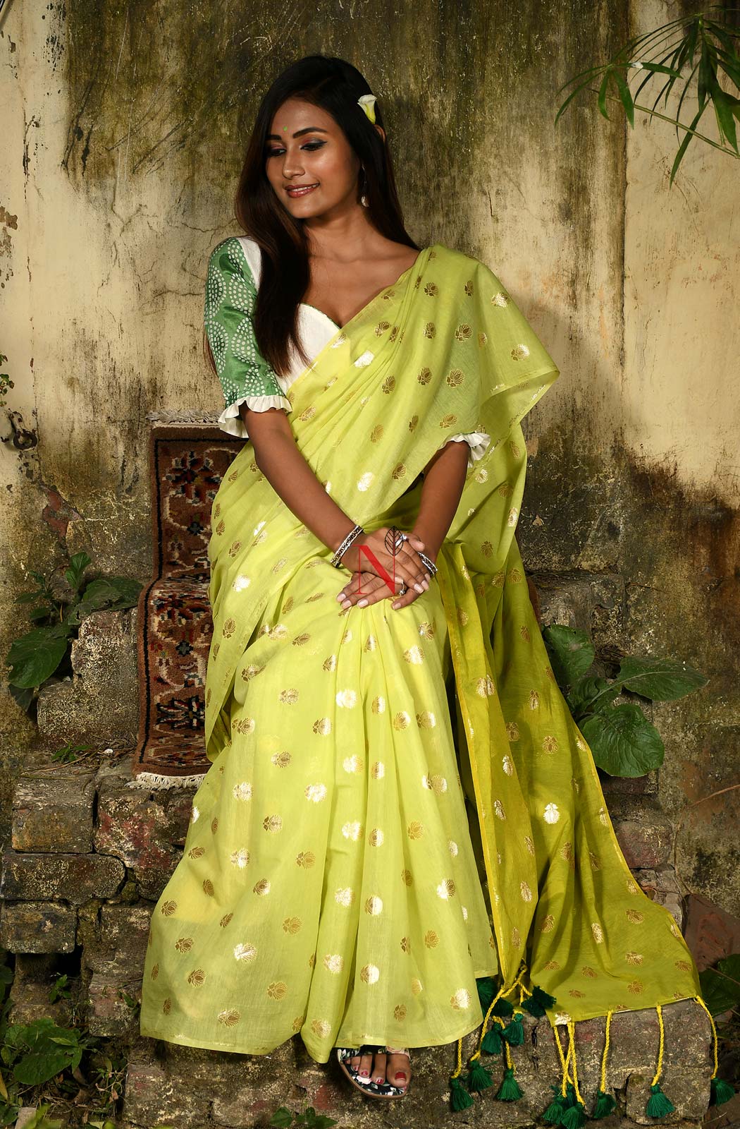 Light Green & Olive Pure Silk Chanderi Saree - Naksheband