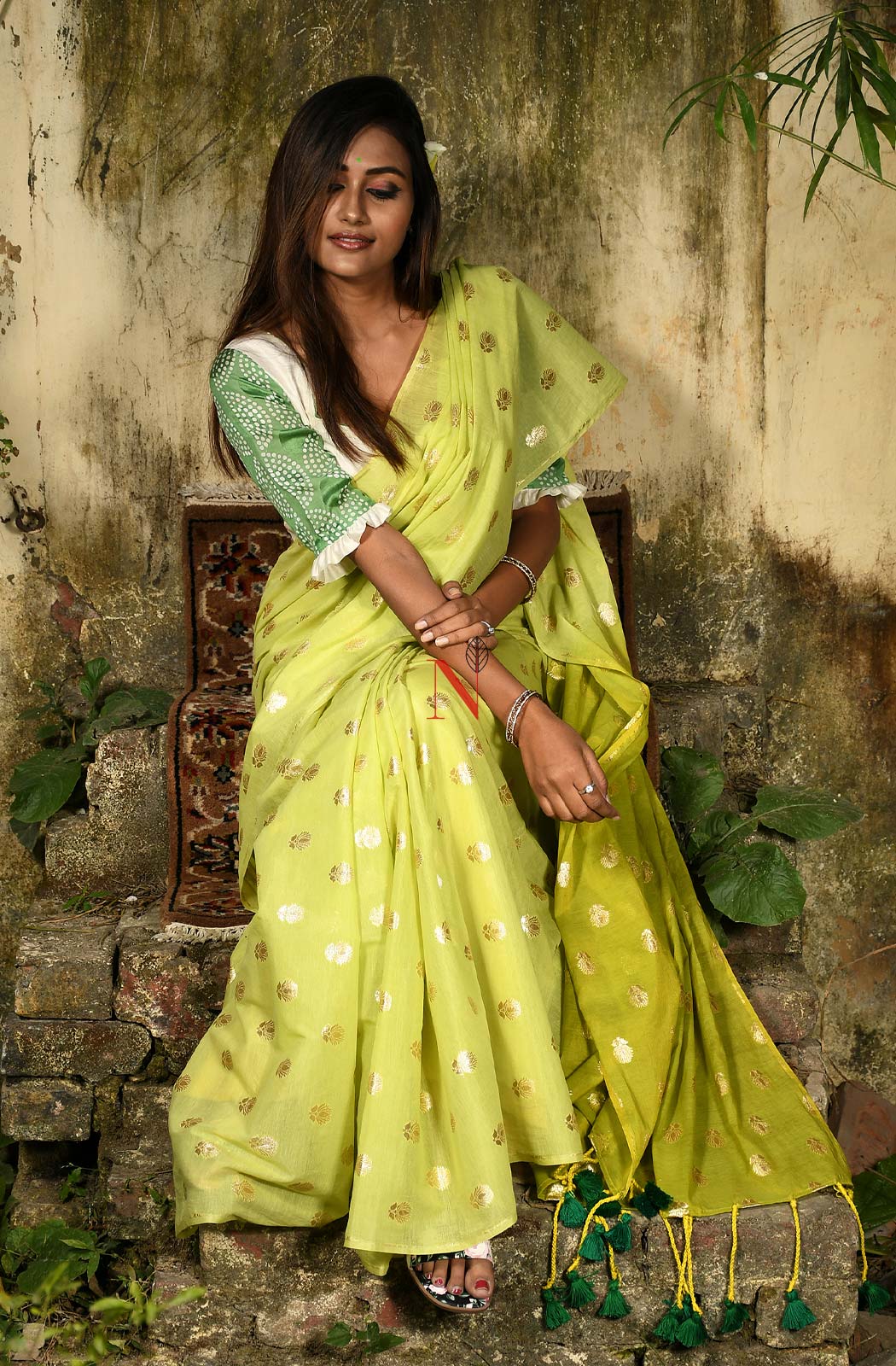 Light Green & Olive Pure Silk Chanderi Saree - Naksheband