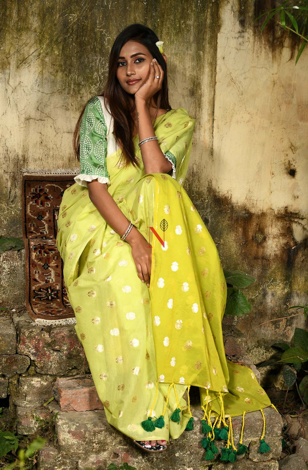 Light Green & Olive Pure Silk Chanderi Saree - Naksheband