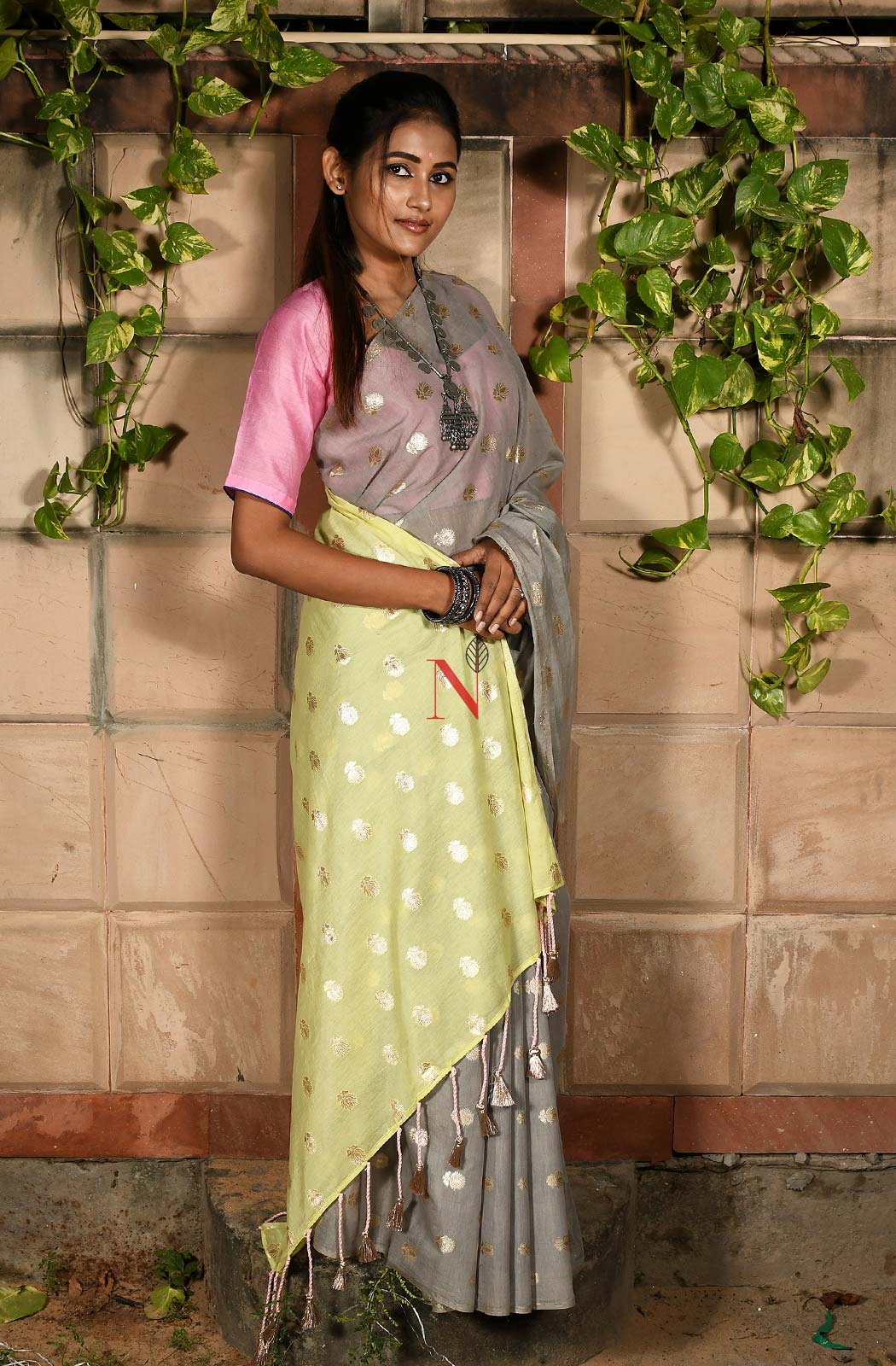 Grey & Green Pure Silk Chanderi Saree - Naksheband