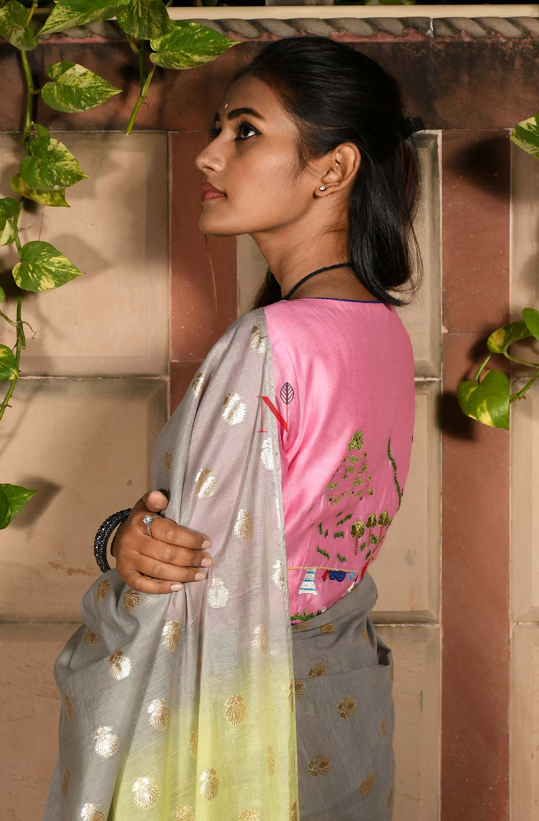 Grey & Green Pure Silk Chanderi Saree