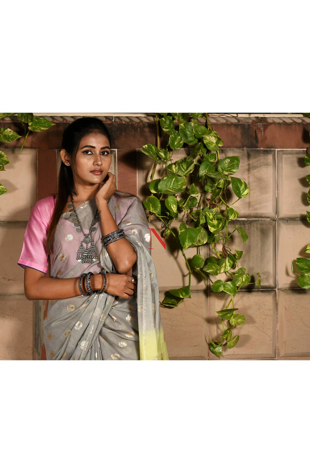 Grey & Green Pure Silk Chanderi Saree
