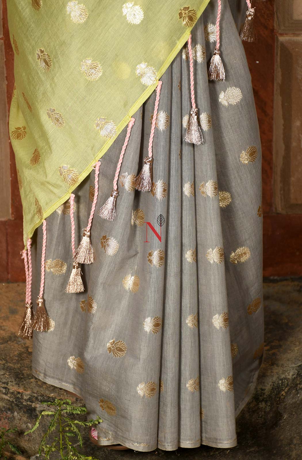Grey & Green Pure Silk Chanderi Saree