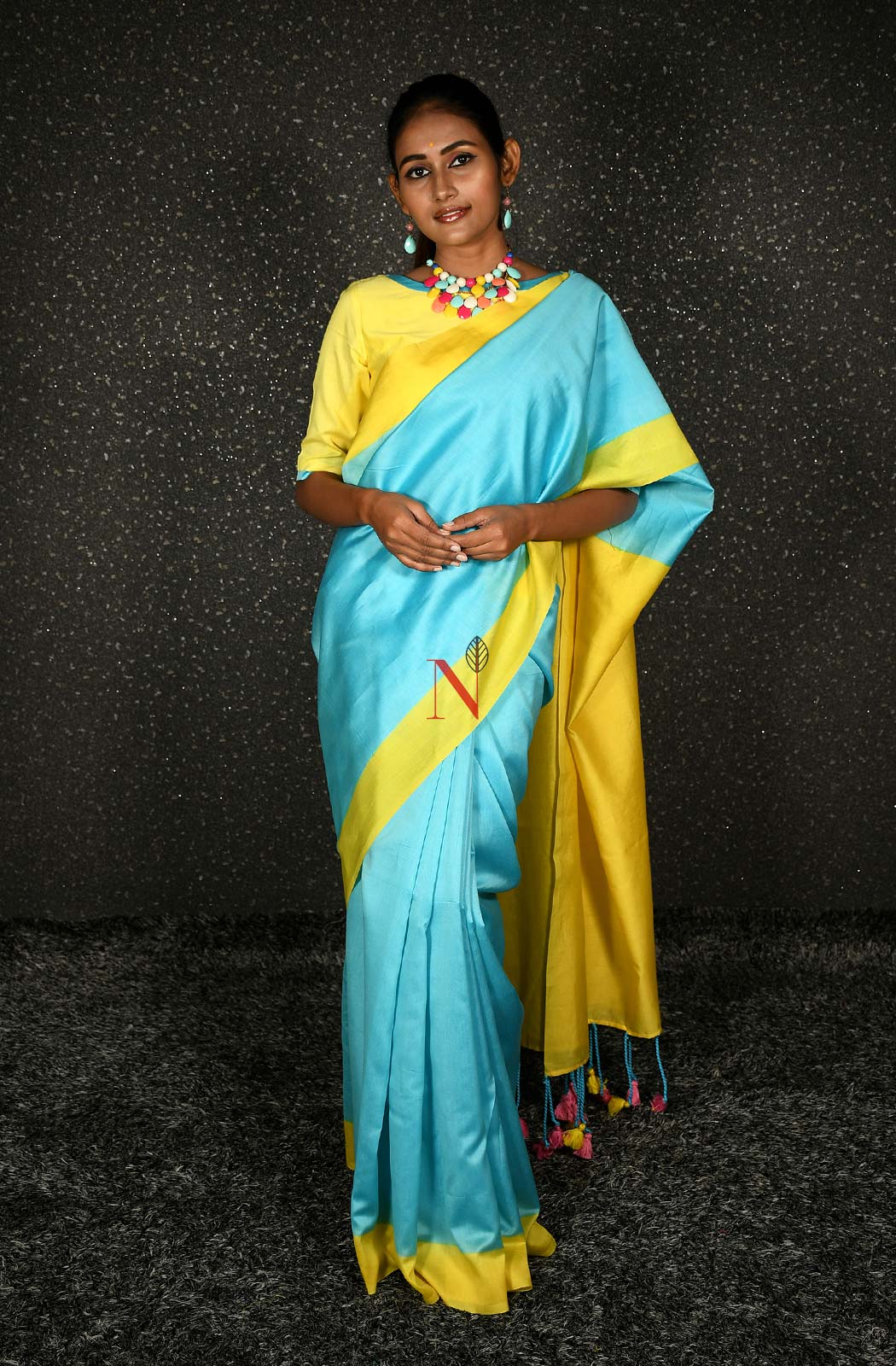 Firozi & Yellow Green Pure Silk Chanderi Saree - Naksheband