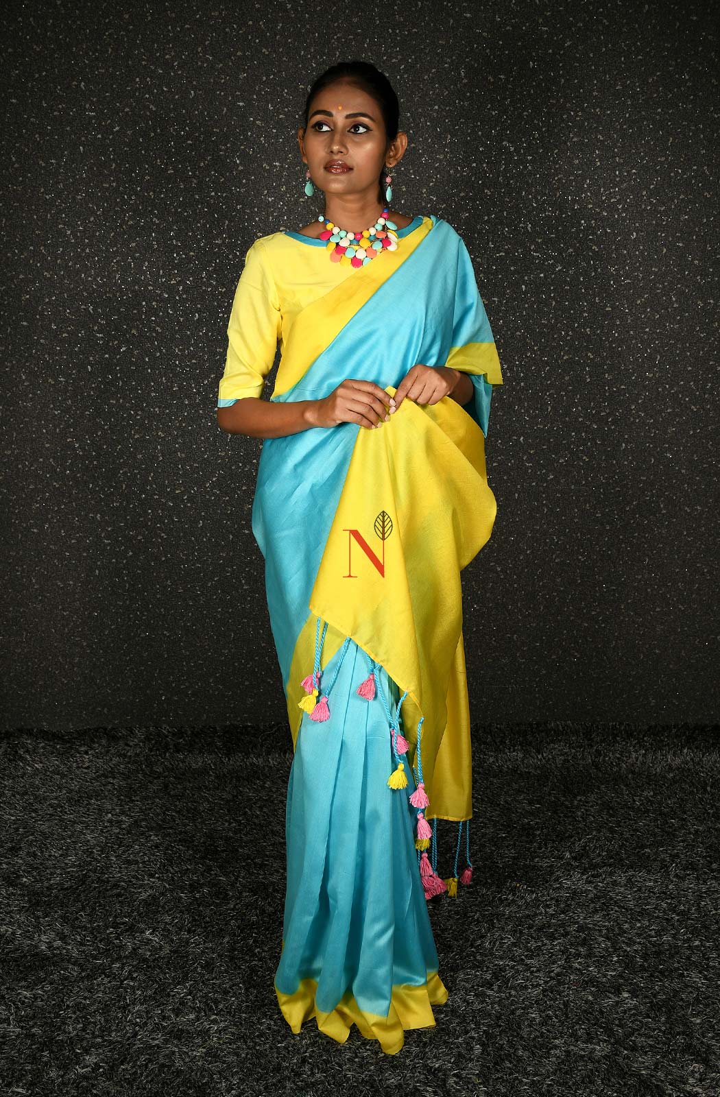 Firozi & Yellow Green Pure Silk Chanderi Saree - Naksheband