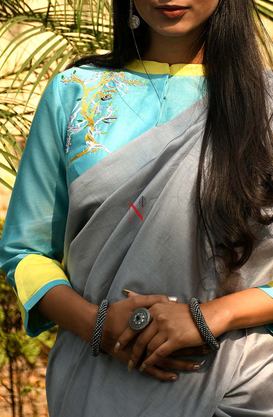 Grey & Sky Blue Pure Silk Chanderi Saree - Naksheband