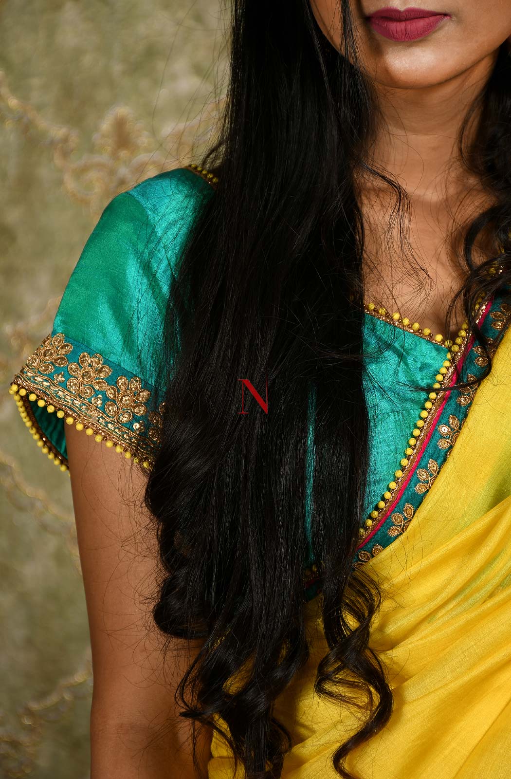 Blonde Yellow And Turq Blue Designer Embroidery Pure Tusser Silk Saree - Electric Lime - Naksheband