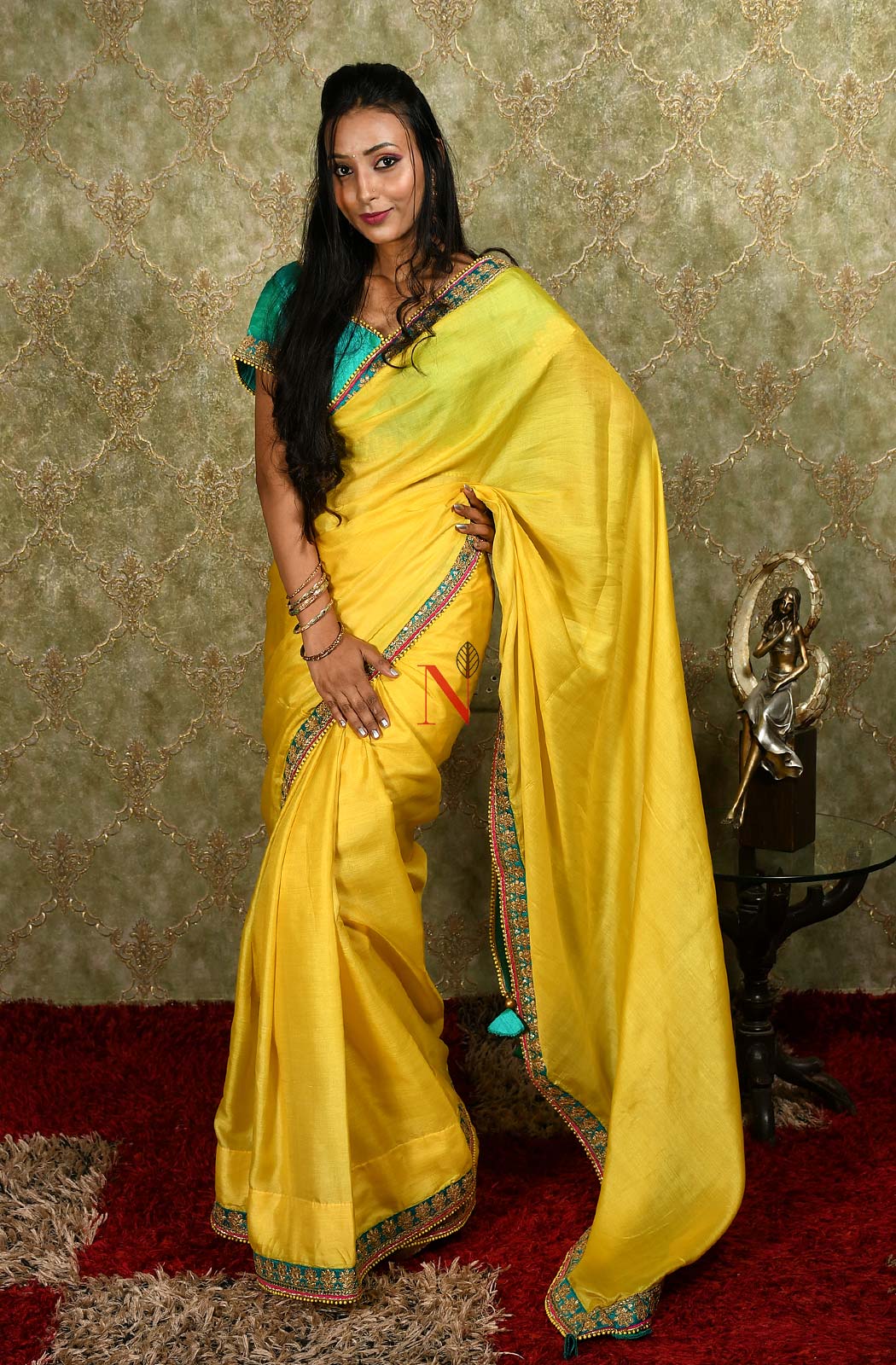 Blonde Yellow And Turq Blue Designer Embroidery Pure Tusser Silk Saree - Electric Lime - Naksheband