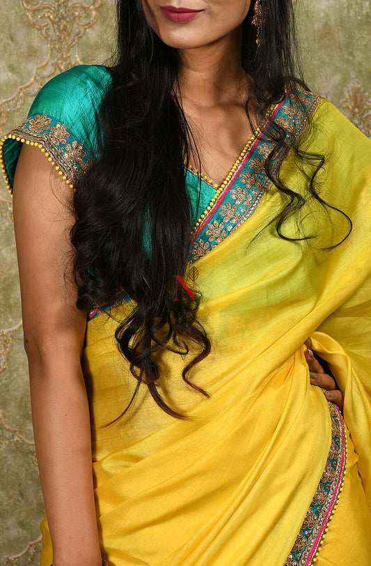 Blonde Yellow And Turq Blue Designer Embroidery Pure Tusser Silk Saree - Electric Lime - Naksheband