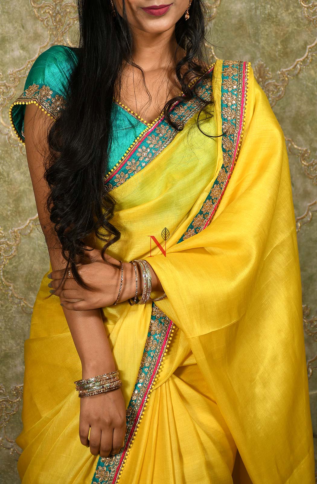 Blonde Yellow And Turq Blue Designer Embroidery Pure Tusser Silk Saree - Electric Lime - Naksheband