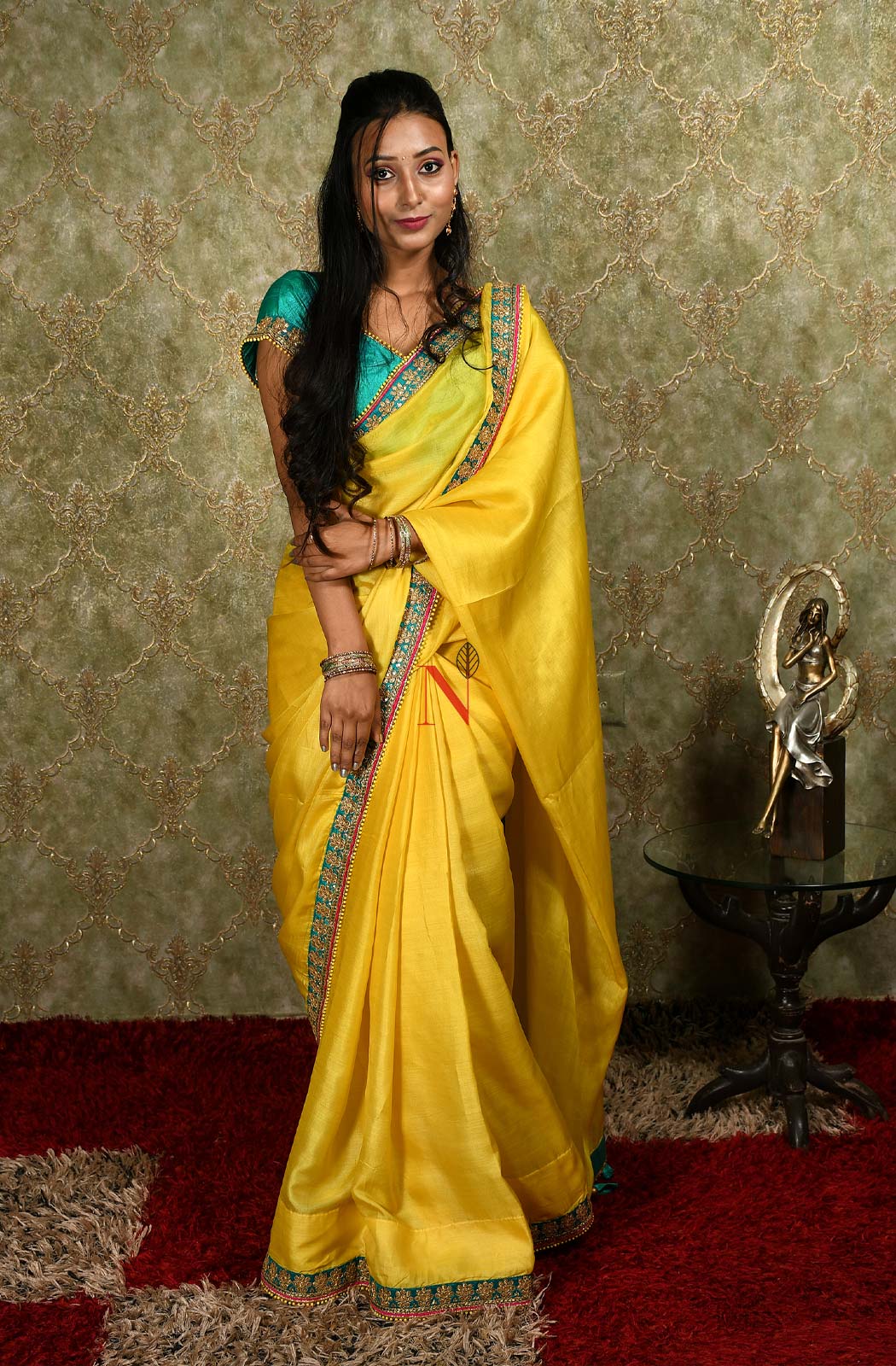 Blonde Yellow And Turq Blue Designer Embroidery Pure Tusser Silk Saree - Electric Lime - Naksheband
