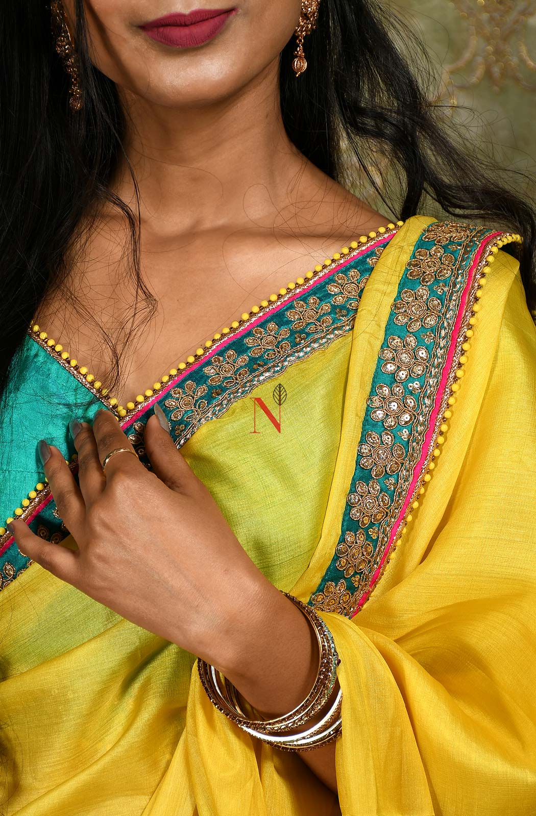 Blonde Yellow And Turq Blue Designer Embroidery Pure Tusser Silk Saree - Electric Lime - Naksheband