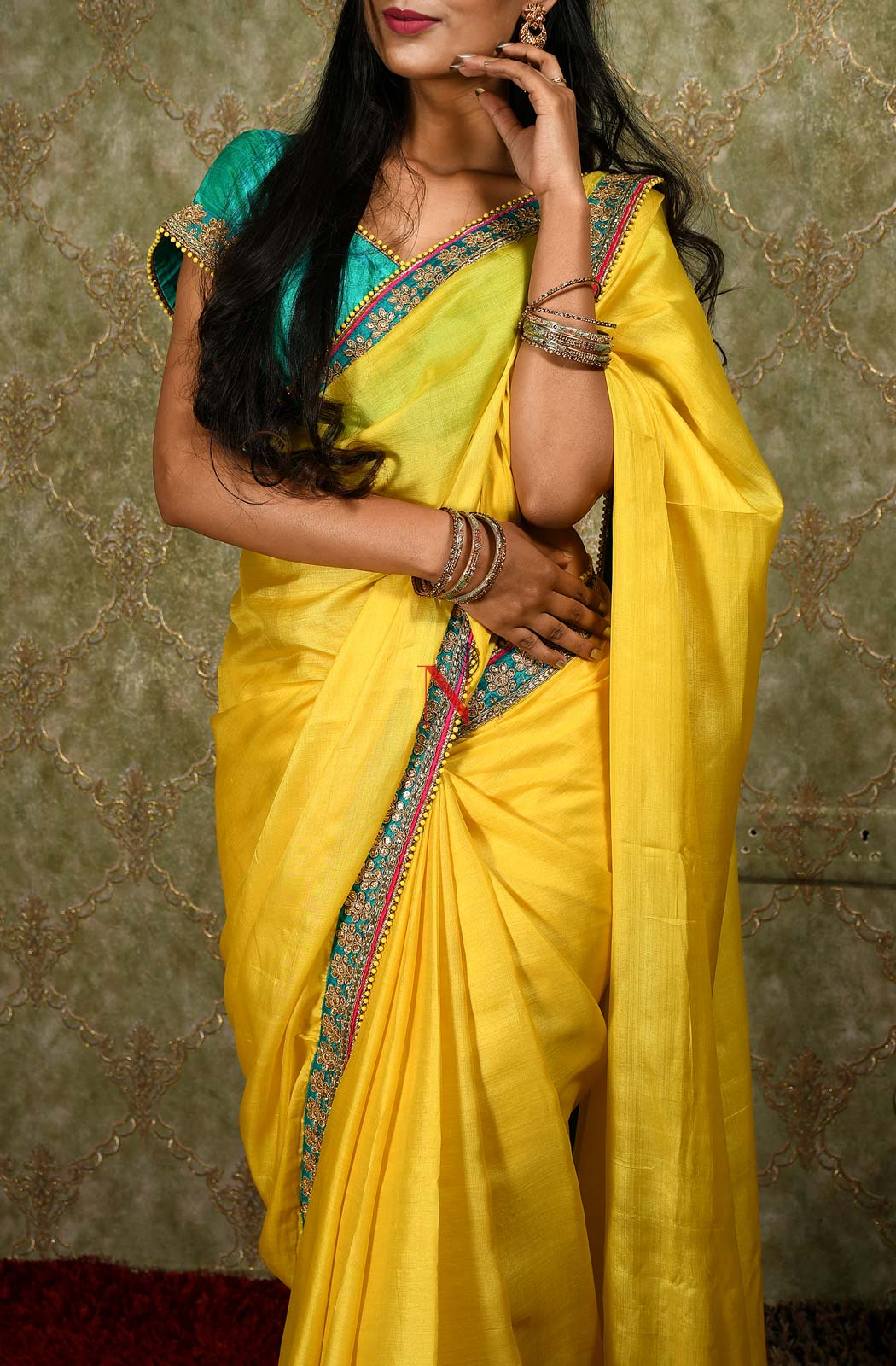 Blonde Yellow And Turq Blue Designer Embroidery Pure Tusser Silk Saree - Electric Lime - Naksheband