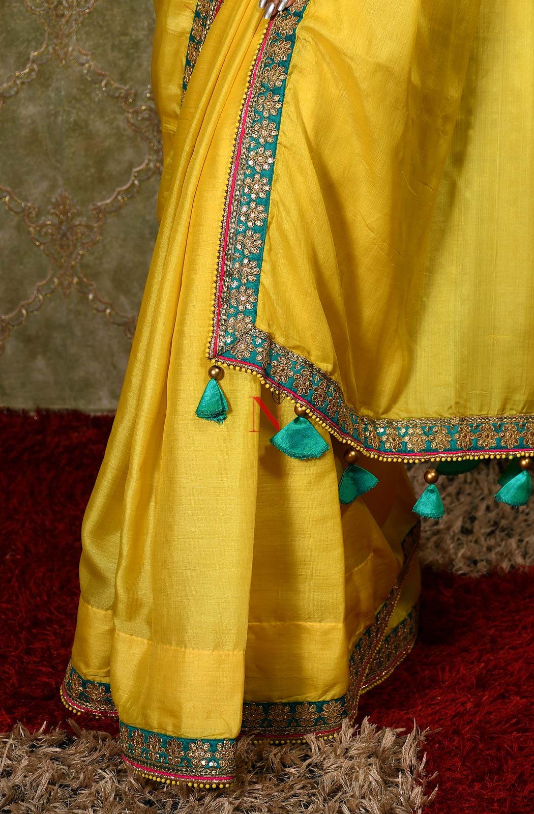 Blonde Yellow And Turq Blue Designer Embroidery Pure Tusser Silk Saree - Electric Lime - Naksheband