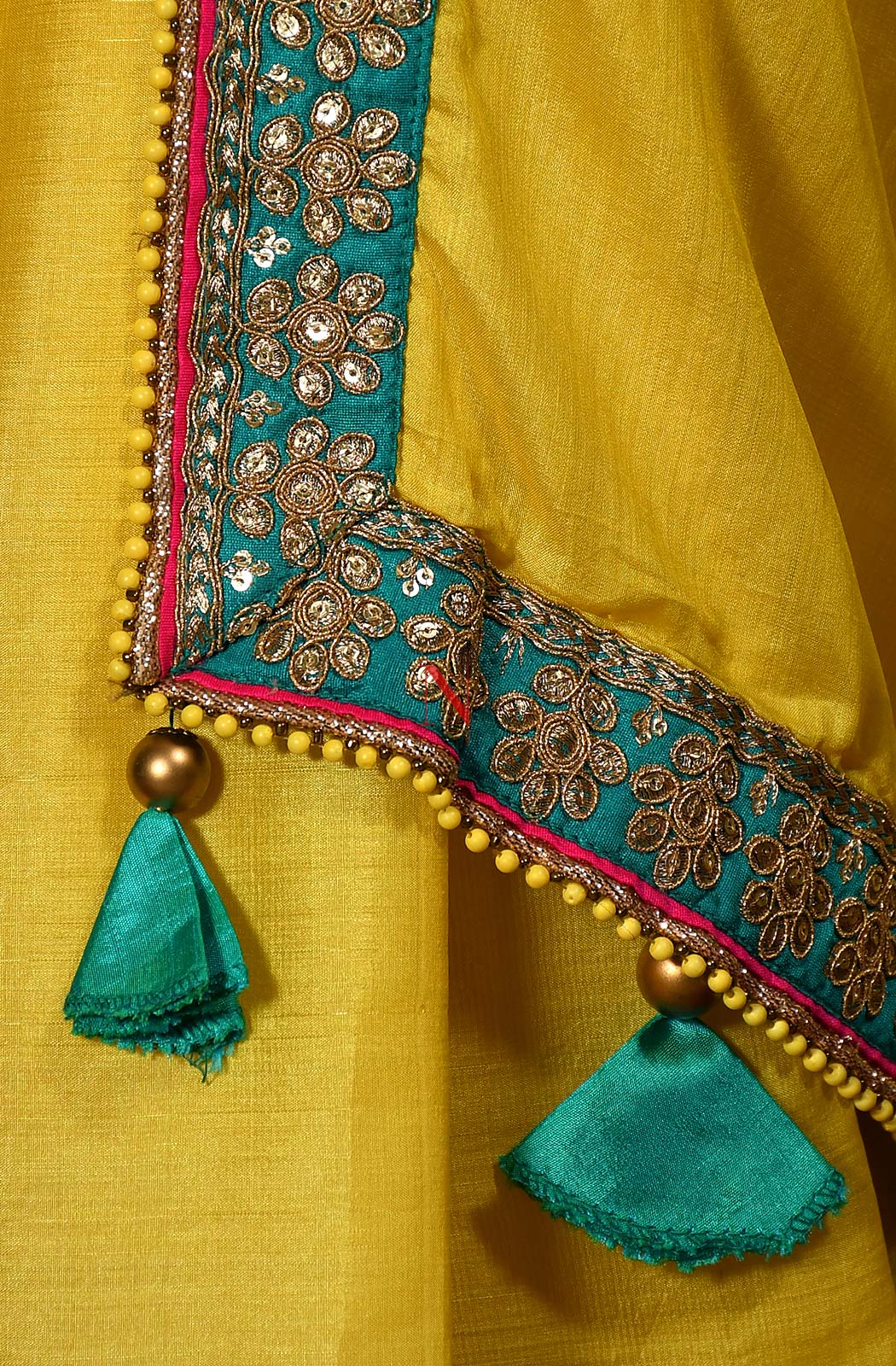 Blonde Yellow And Turq Blue Designer Embroidery Pure Tusser Silk Saree - Electric Lime - Naksheband