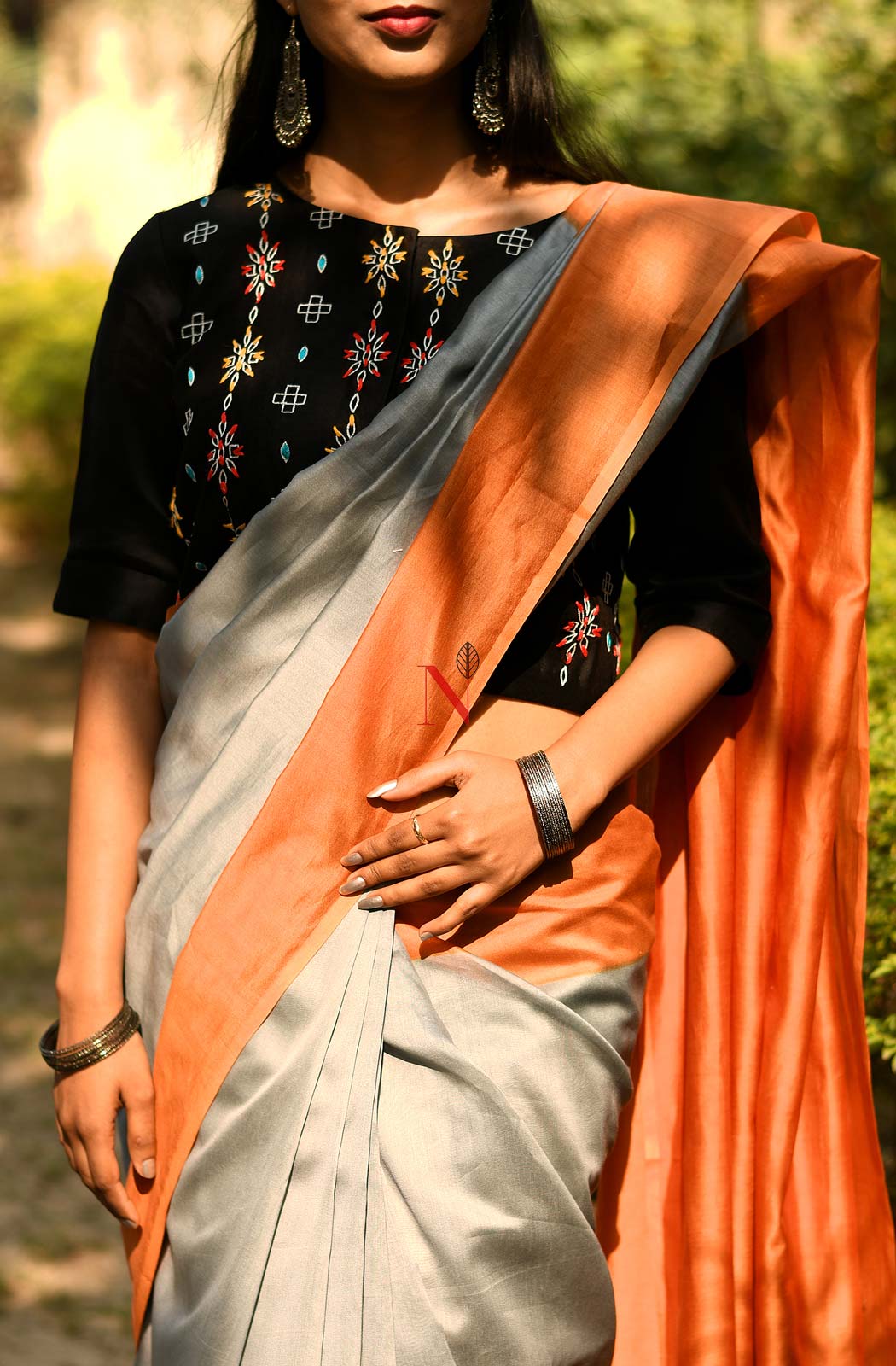 Grey & Orange Pure Silk Chanderi Saree - Naksheband