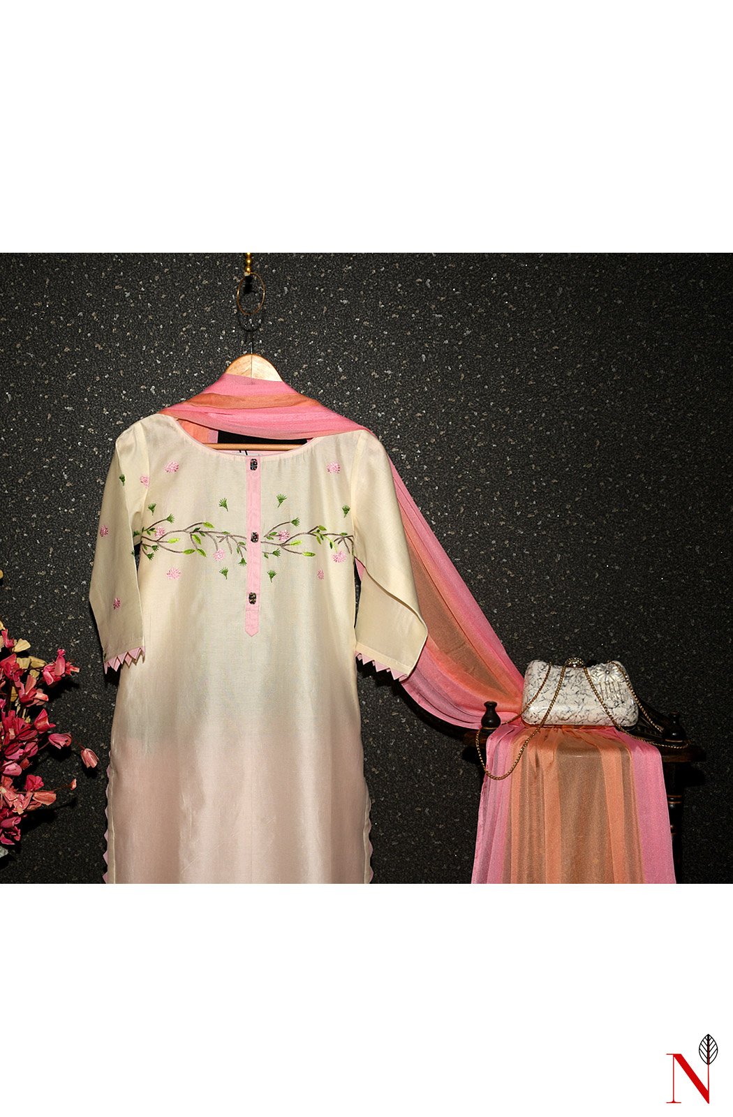 Cream Pure Silk Chanderi Hand Embroidered Suit Set - Naksheband