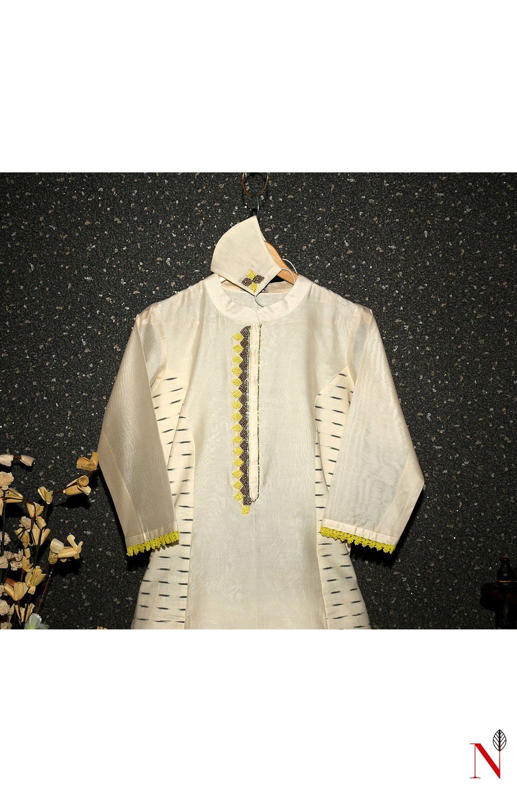 Cream Pure Silk Chanderi Hand Embroidered Suit Set - Naksheband