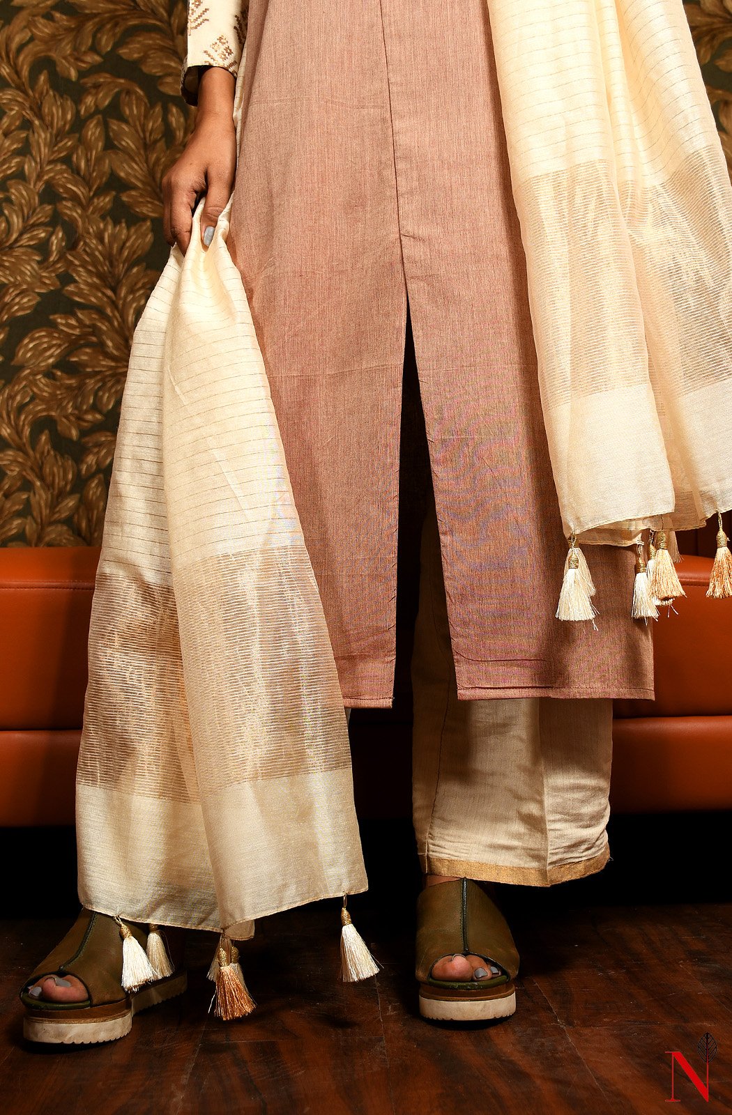 Brown & Cream Pure Cotton Hand Embroidered Suit Set - Naksheband
