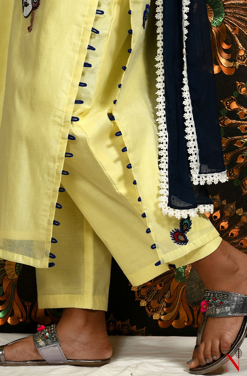 Light Yellow Pure Cotton Chanderi Hand Embroidered Suit Set - Naksheband