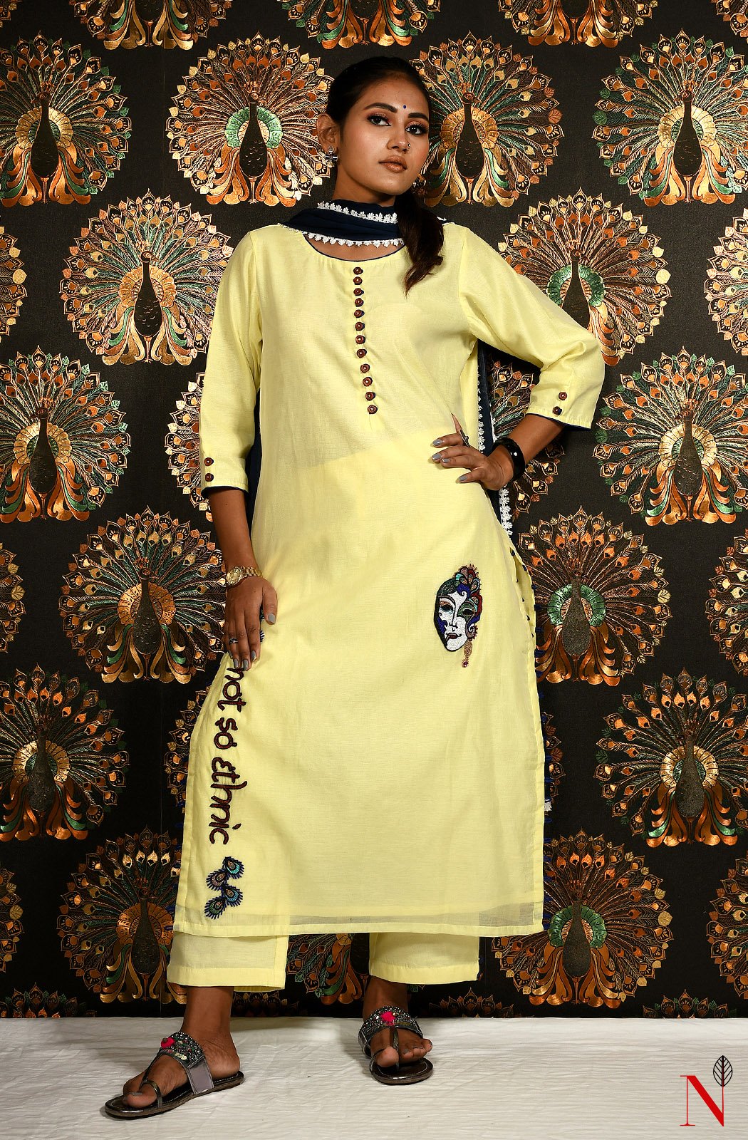 Light Yellow Pure Cotton Chanderi Hand Embroidered Suit Set - Naksheband