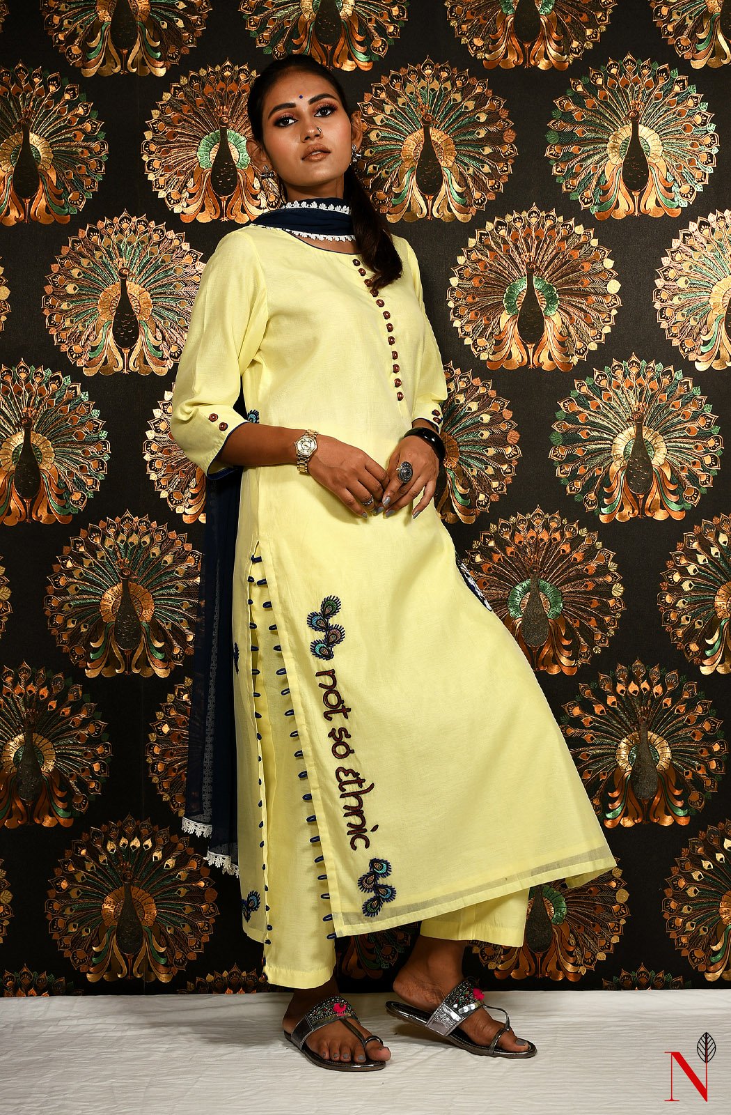 Light Yellow Pure Cotton Chanderi Hand Embroidered Suit Set - Naksheband