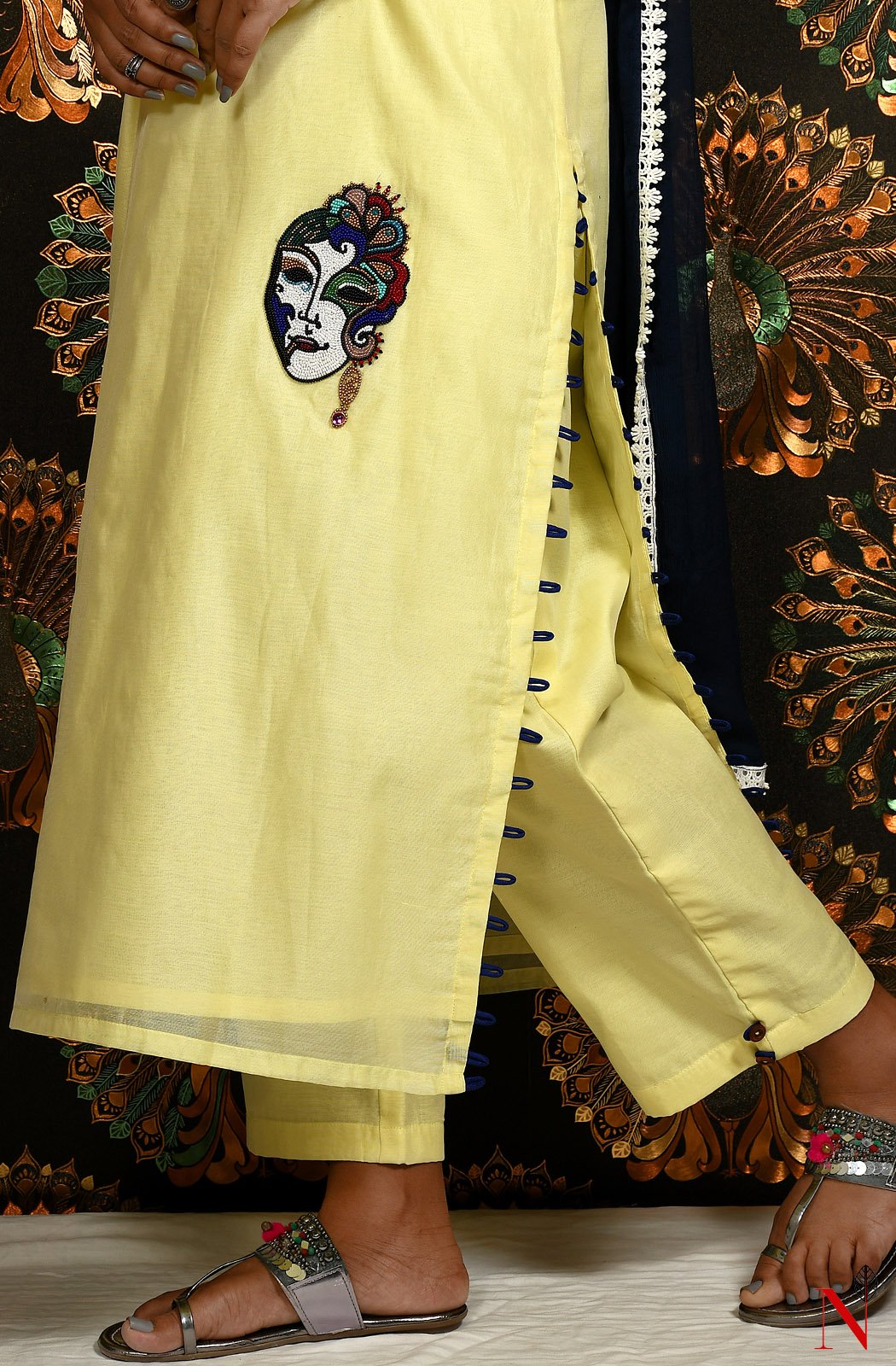 Light Yellow Pure Cotton Chanderi Hand Embroidered Suit Set - Naksheband