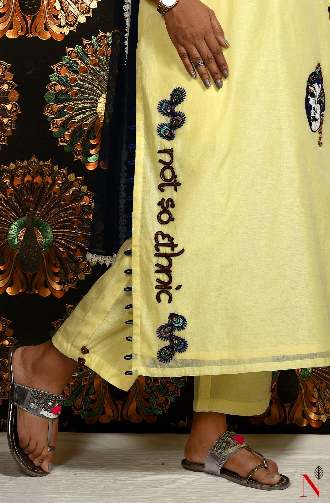 Light Yellow Pure Cotton Chanderi Hand Embroidered Suit Set - Naksheband