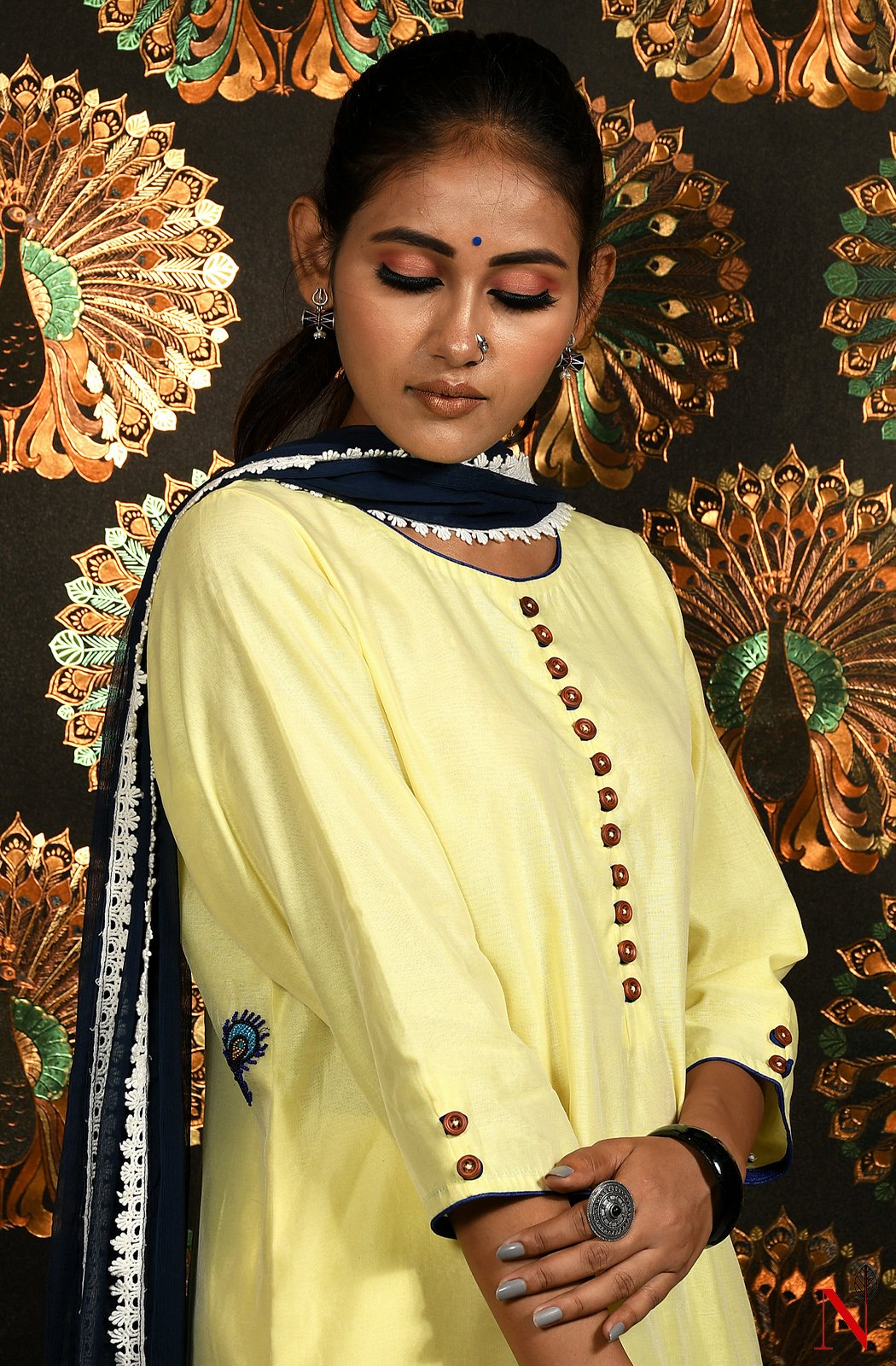 Light Yellow Pure Cotton Chanderi Hand Embroidered Suit Set - Naksheband