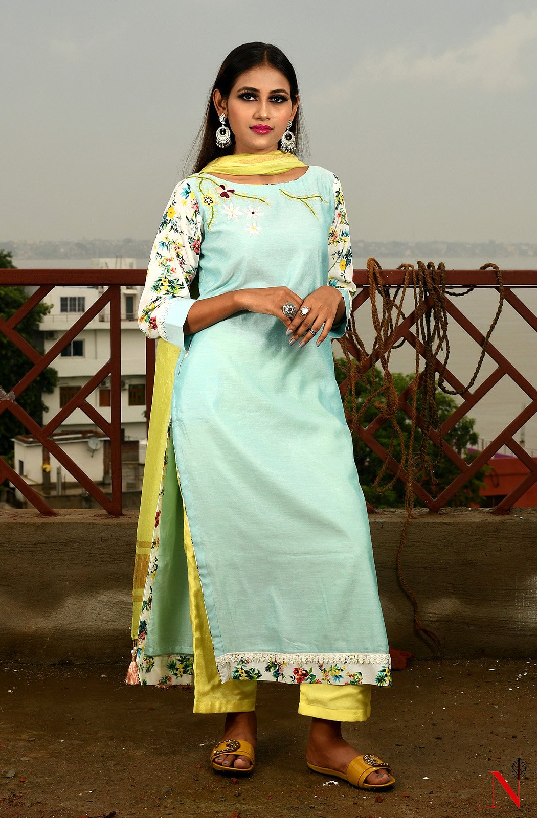 Light Turquoise Pure Silk Chanderi Hand Embroidered Suit Set - Naksheband