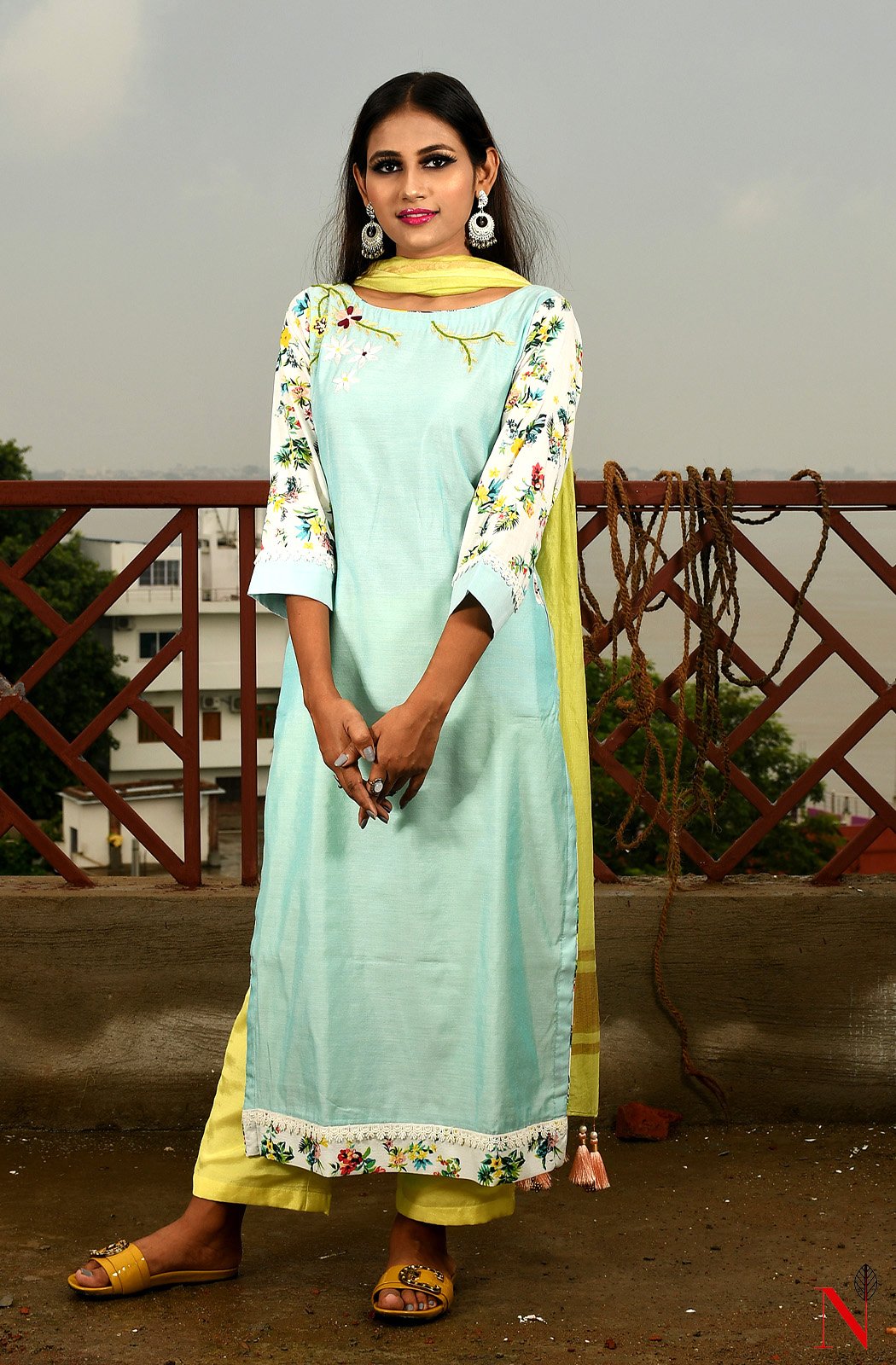 Light Turquoise Pure Silk Chanderi Hand Embroidered Suit Set - Naksheband