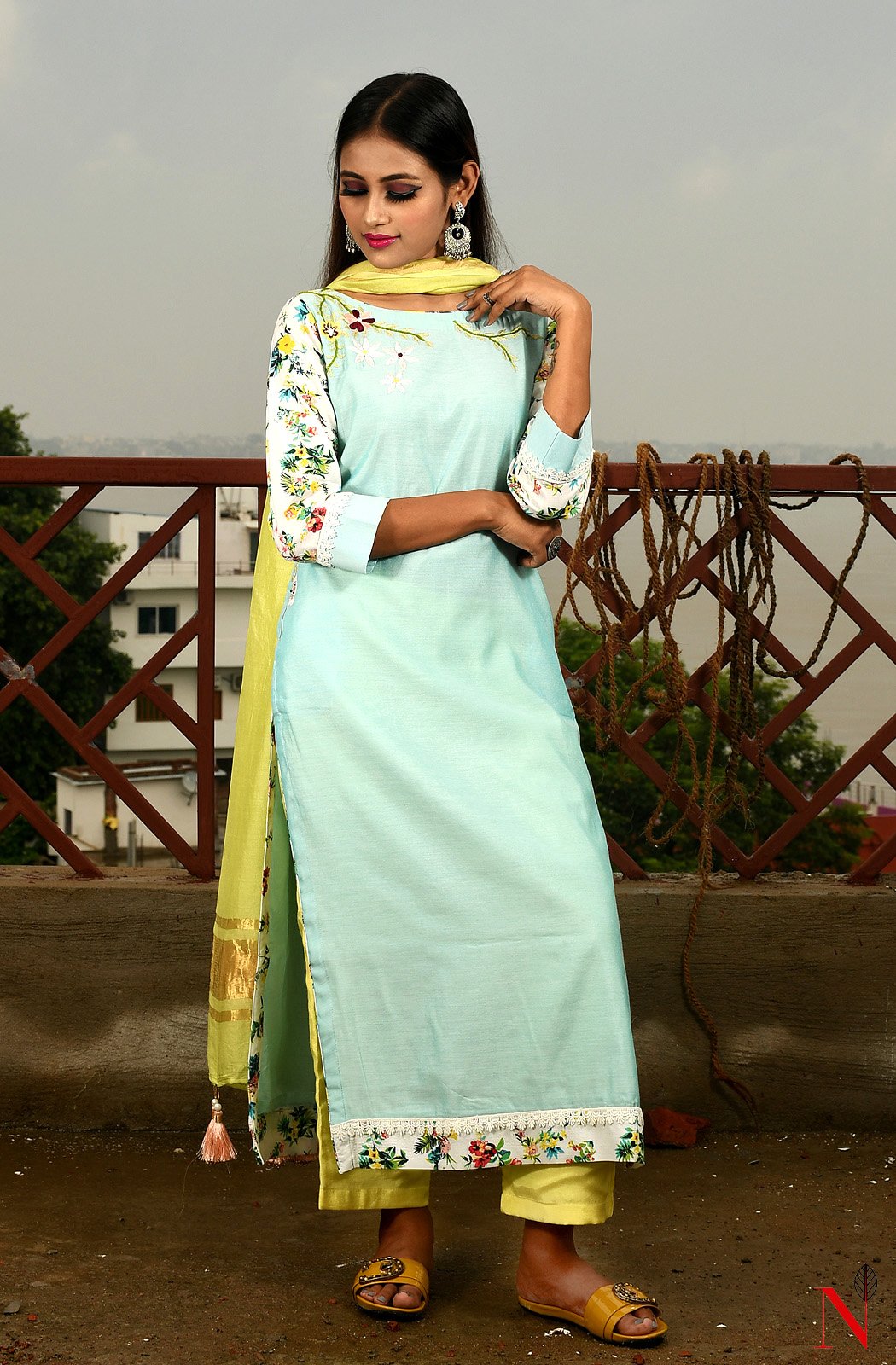 Light Turquoise Pure Silk Chanderi Hand Embroidered Suit Set - Naksheband