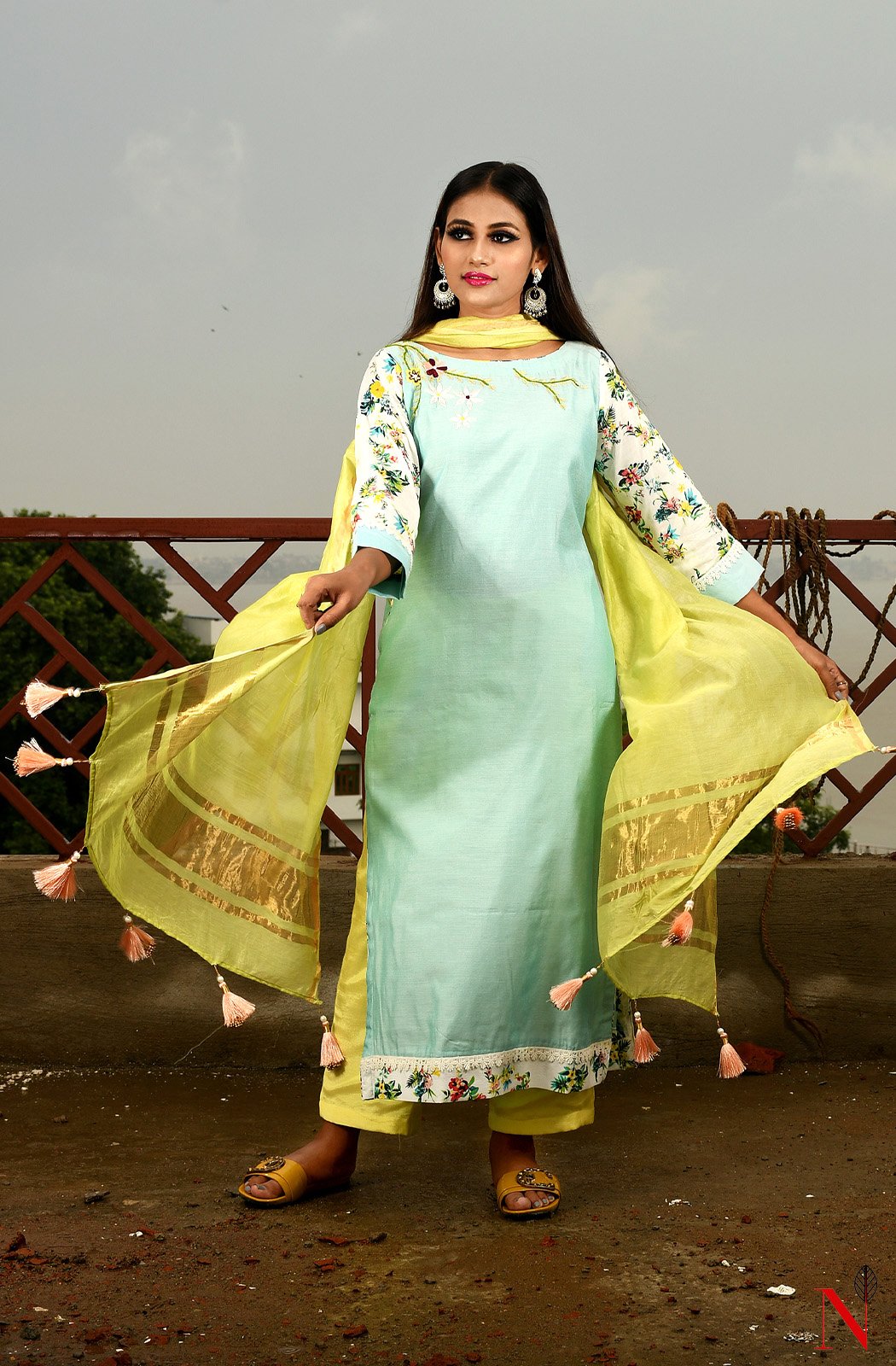 Light Turquoise Pure Silk Chanderi Hand Embroidered Suit Set - Naksheband
