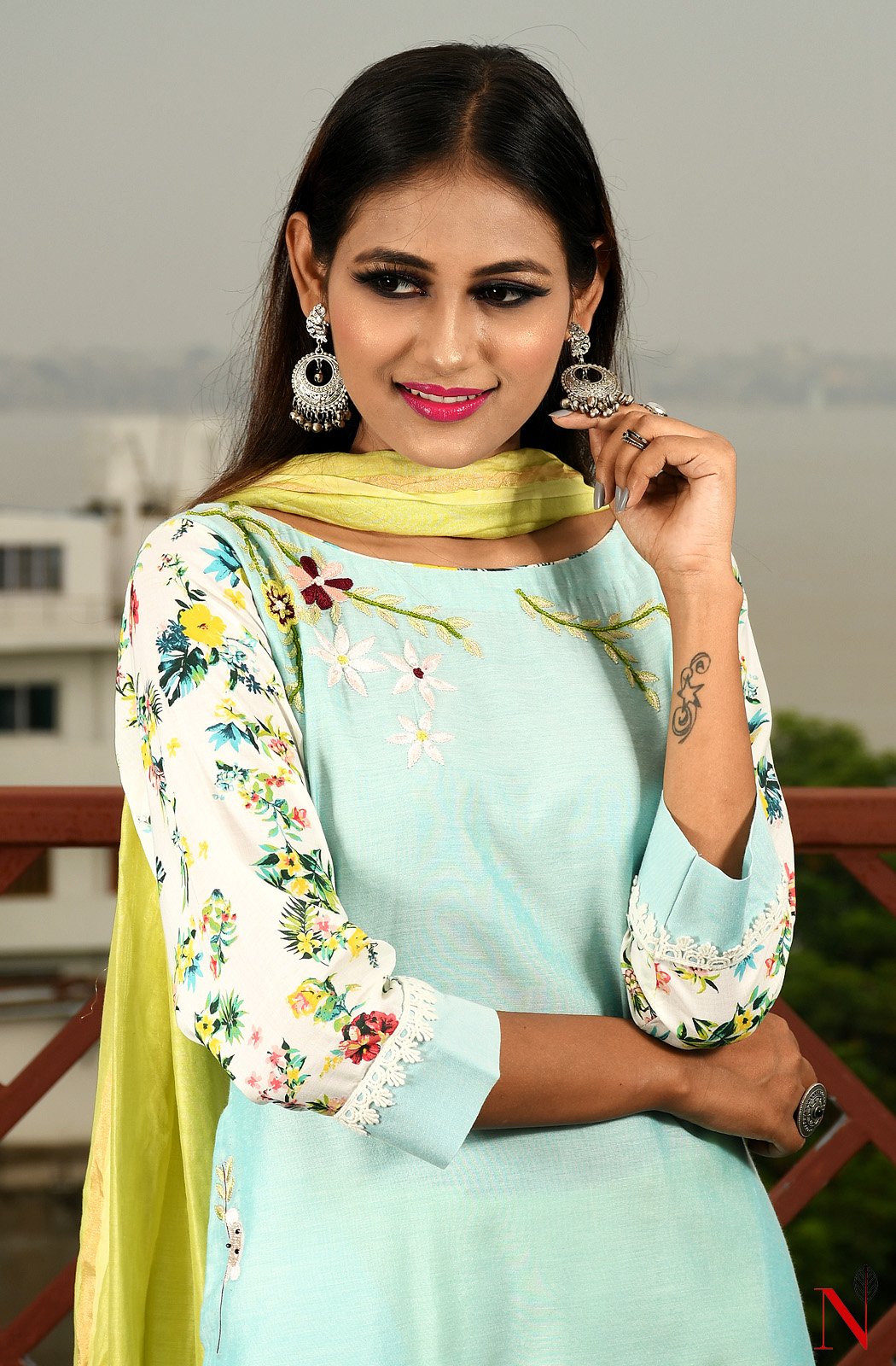 Light Turquoise Pure Silk Chanderi Hand Embroidered Suit Set - Naksheband