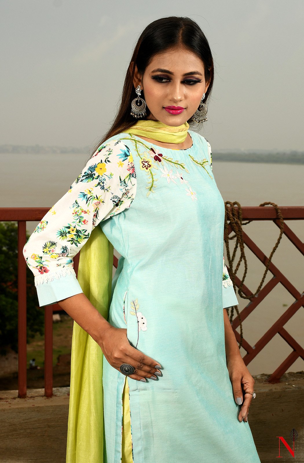 Light Turquoise Pure Silk Chanderi Hand Embroidered Suit Set - Naksheband