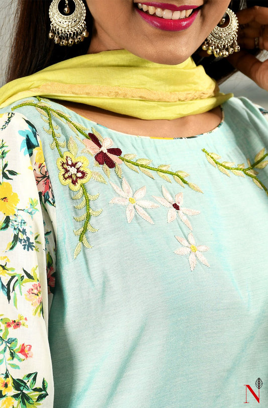 Light Turquoise Pure Silk Chanderi Hand Embroidered Suit Set - Naksheband