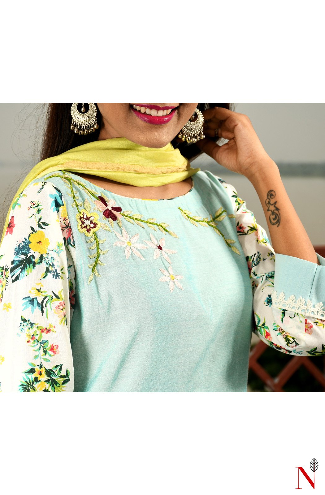 Light Turquoise Pure Silk Chanderi Hand Embroidered Suit Set - Naksheband