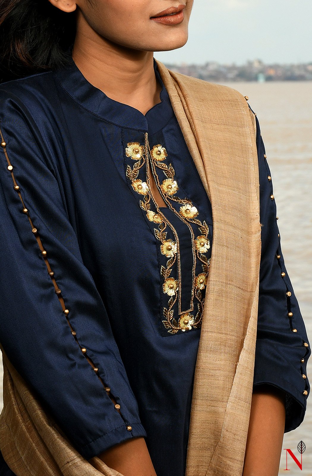 Navy Blue Pure Silk Chanderi Hand Embroidered Suit Set - Naksheband