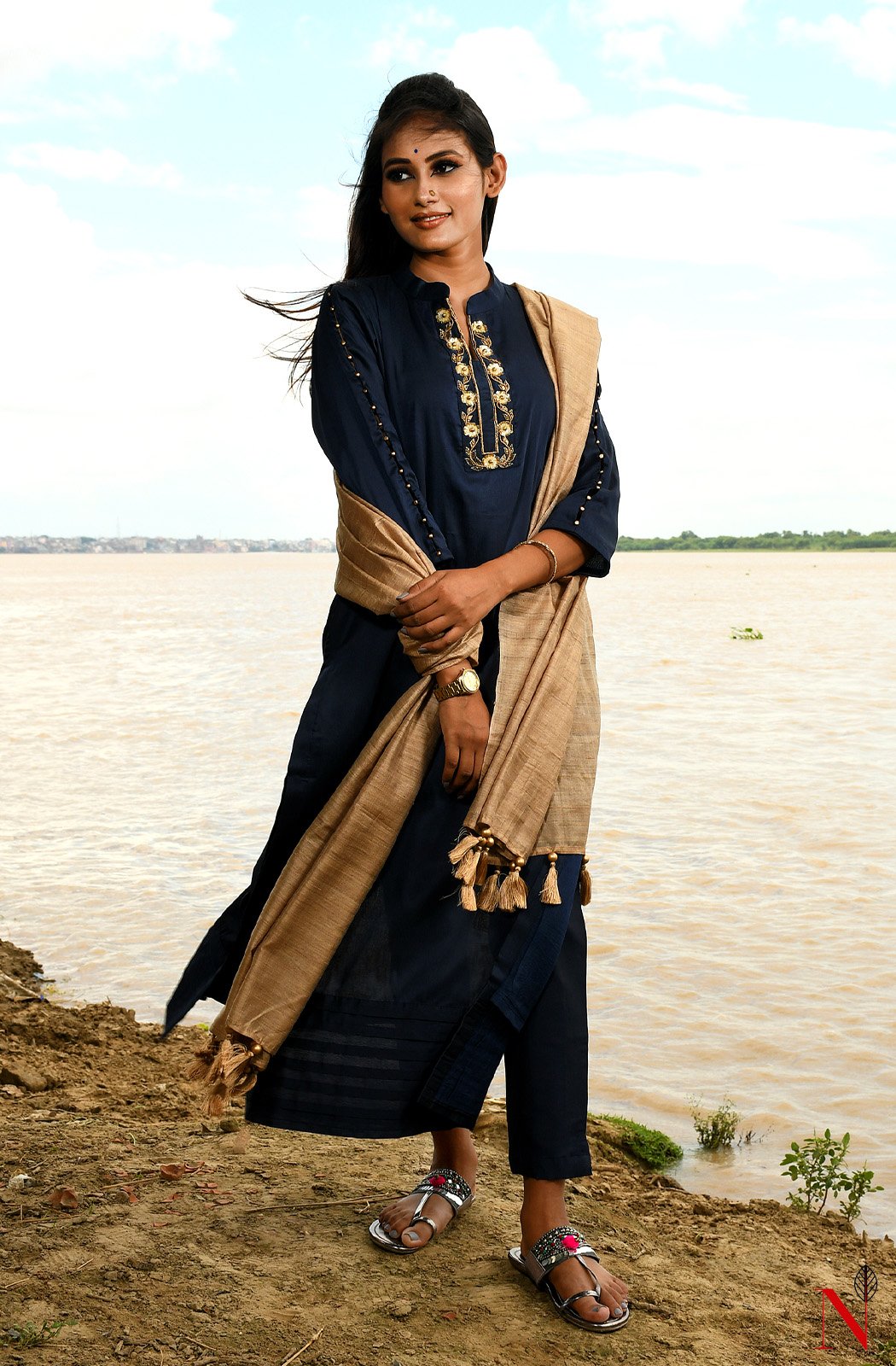 Navy Blue Pure Silk Chanderi Hand Embroidered Suit Set - Naksheband