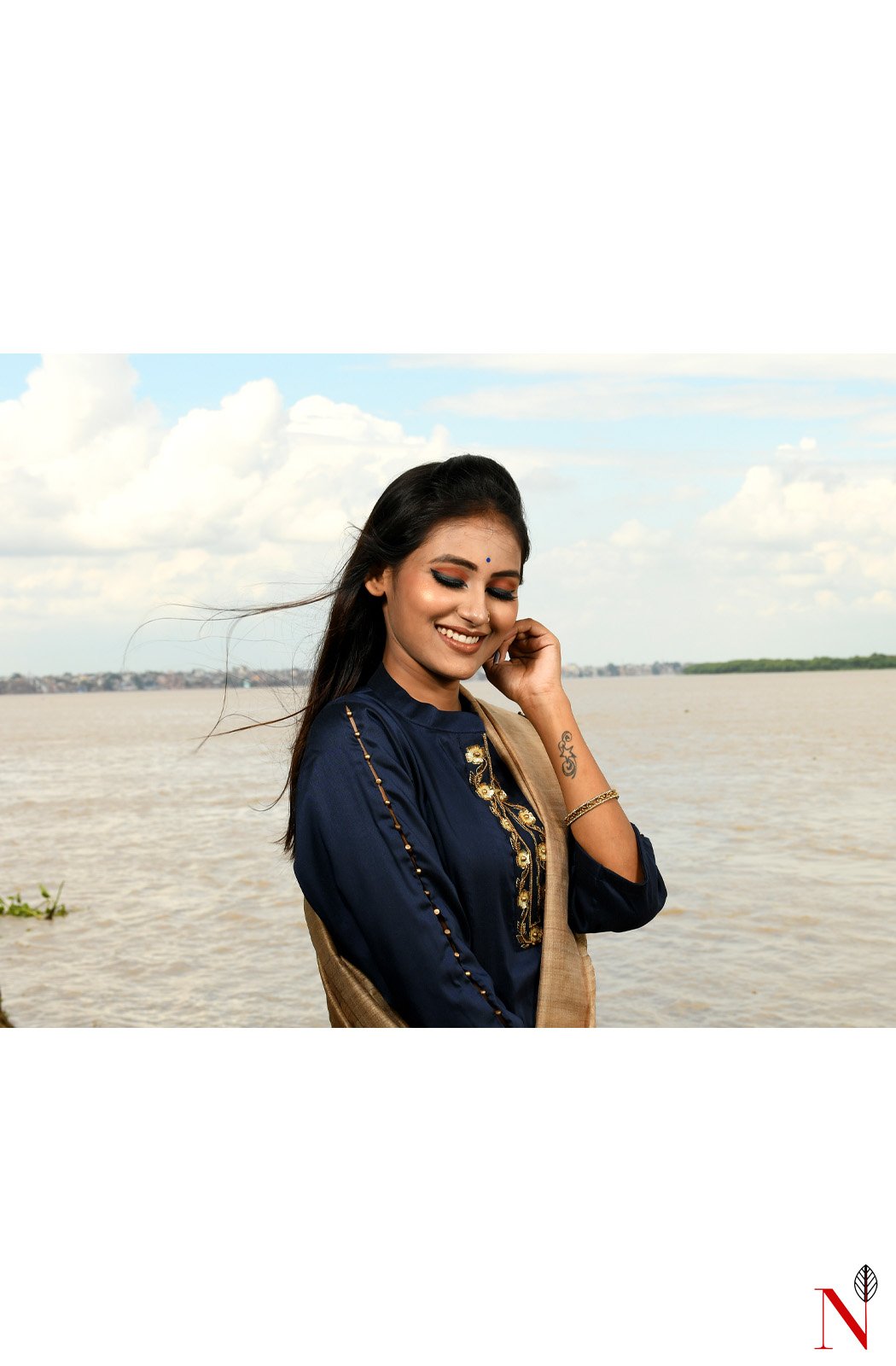 Navy Blue Pure Silk Chanderi Hand Embroidered Suit Set - Naksheband