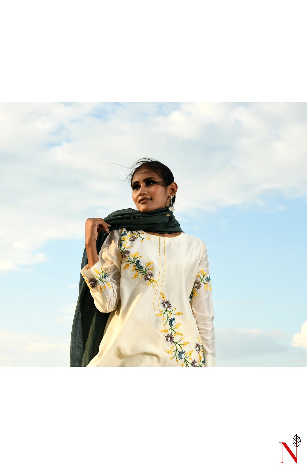 Cream Pure Silk Chanderi Hand Embroidered Suit Set - Naksheband